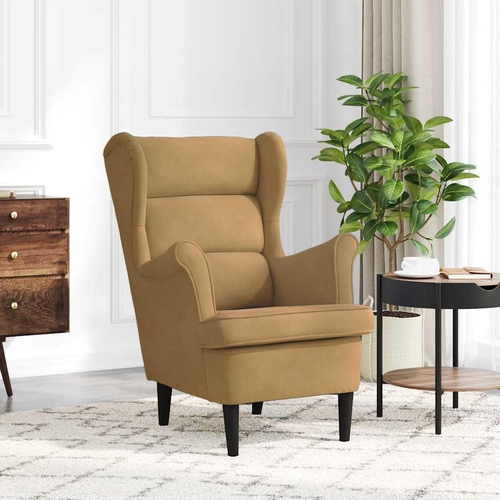 Poltrona relax imbottita in velluto marrone, con braccioli, elegante poltrona per soggiorno e camera da letto, comoda poltrona in velluto con telaio in compensato, 74 x 84 x 100 cm