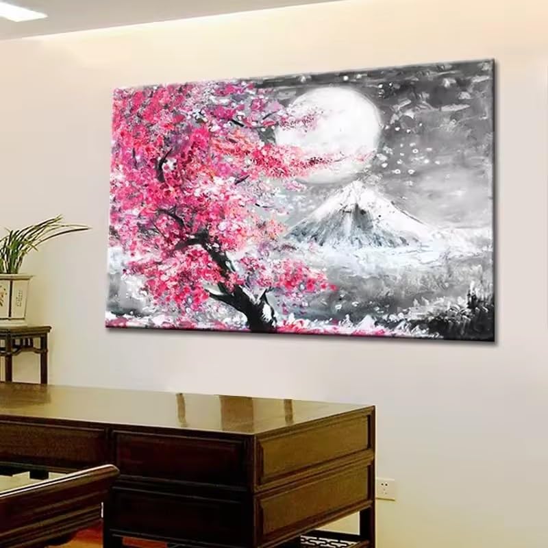 DIHANSM Skandinavische Wandkunst Japanischer Berg Fuji Kirsche Aquarell Heimdekoration (75x110cm/Galerie-Wrap)