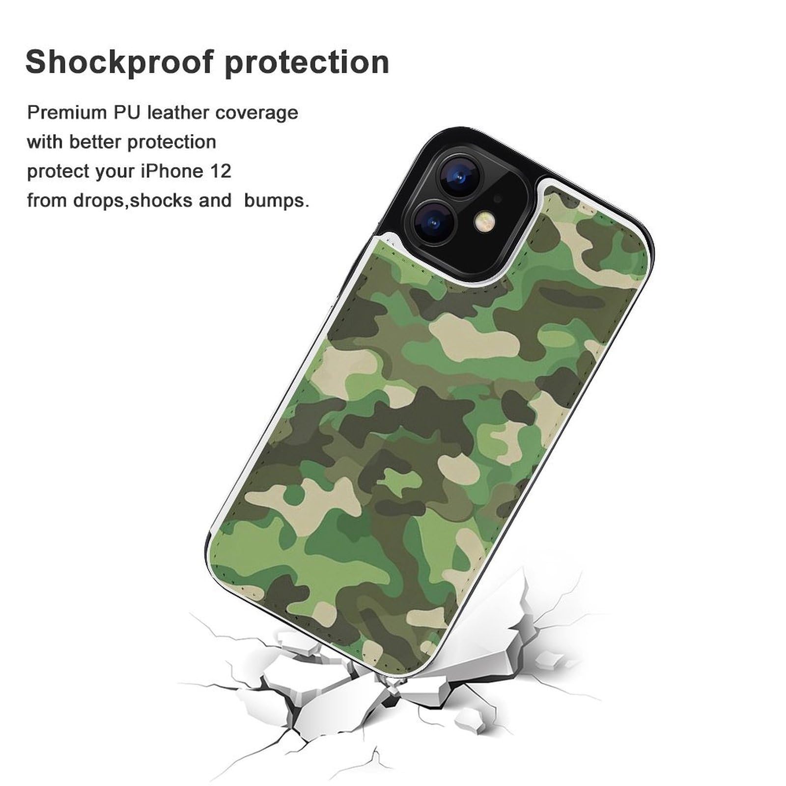 Fundas tipo cartera para iPhone 12, funda de piel con tapa y ranuras para tarjetas con estampado de camuflaje verde
