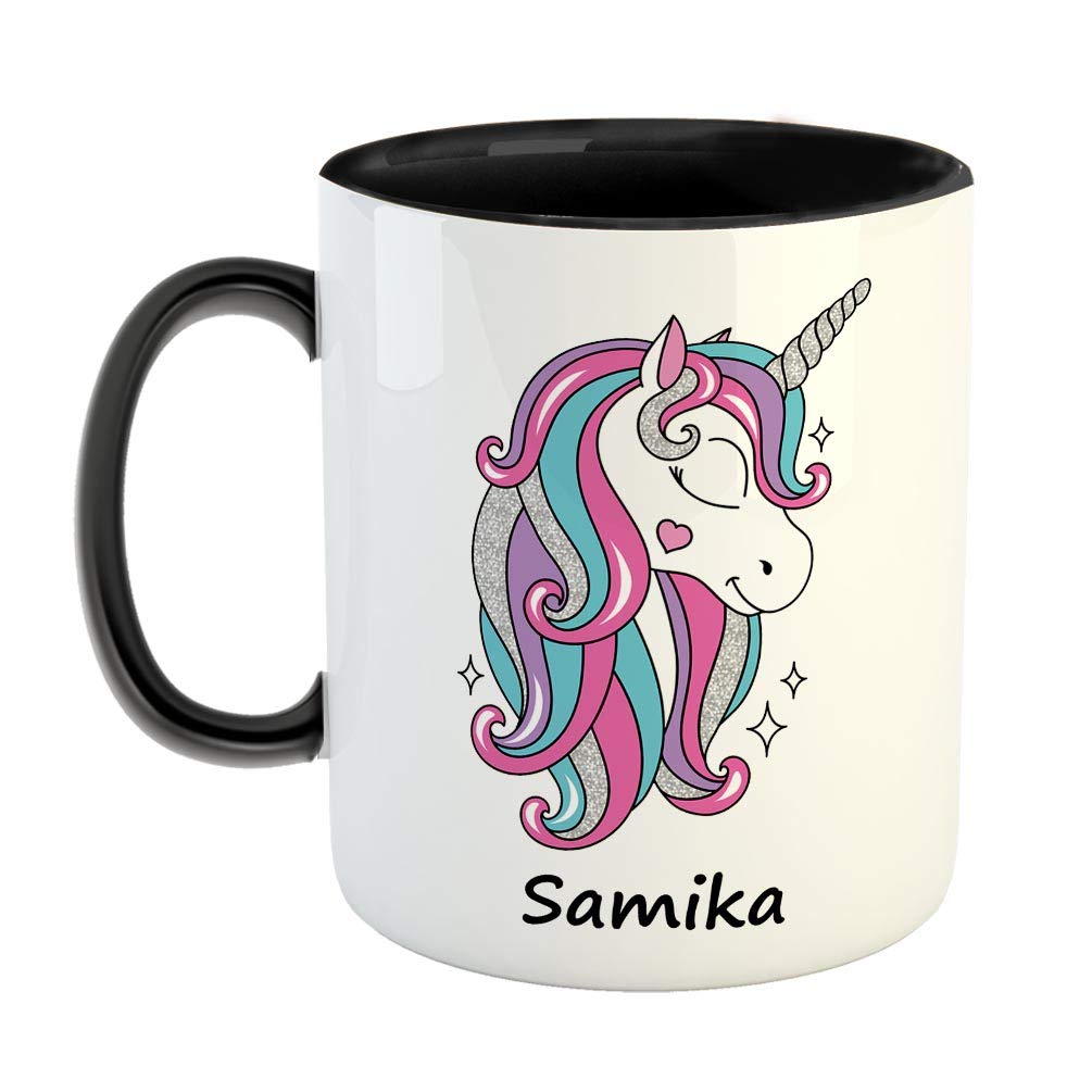 FurnishFantasy Unicorn Ceramic Coffee Mug - Best Happy Birthday Gift for Daughter, Sister, Gift for Kids, Return Gift - Color - Black, Name - Samika