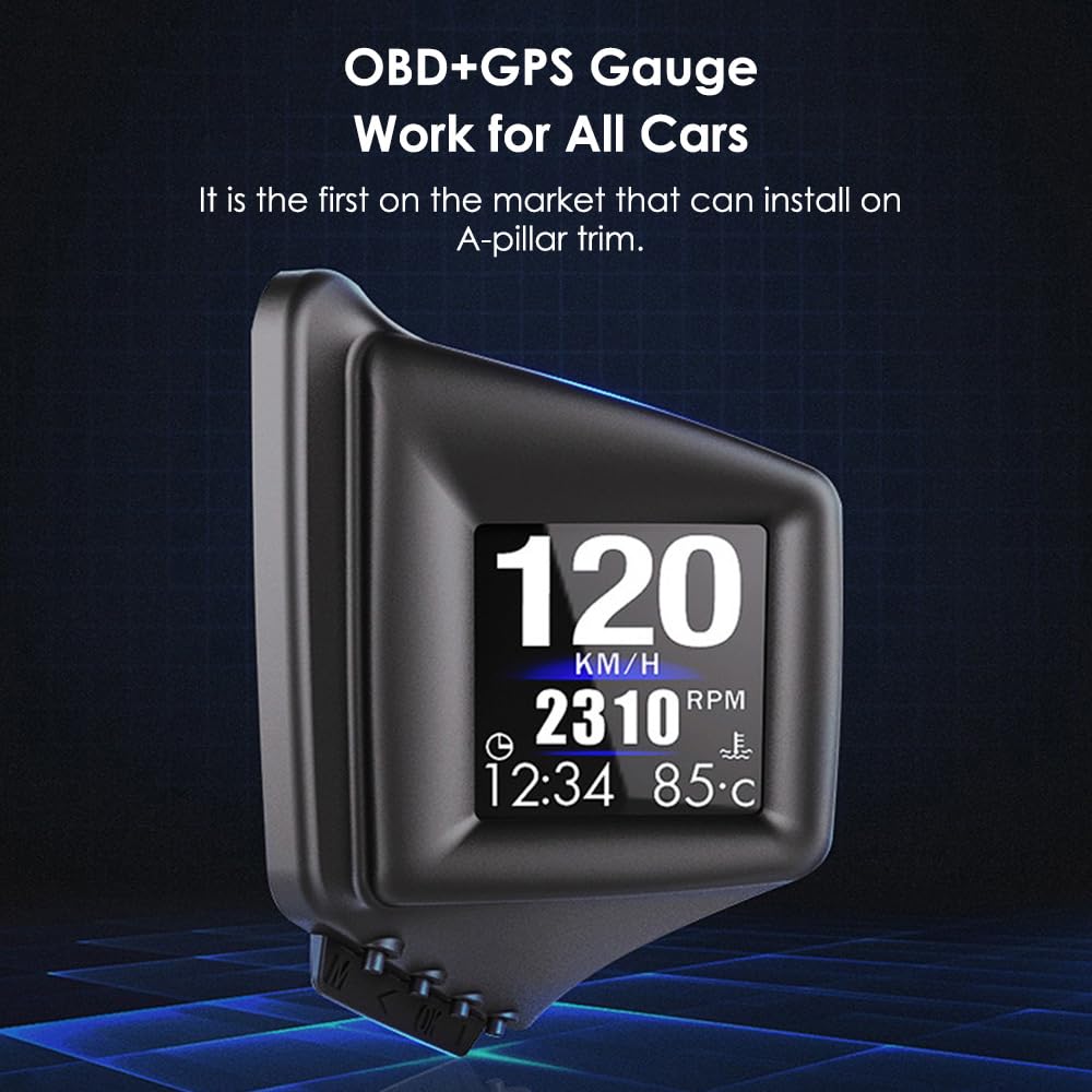 Riloer Car HUD P8 Head Up Display, OBDII & GPS Dual System, The 1st Model in The Market Can be Installed on A-Pillar Trim (Black)