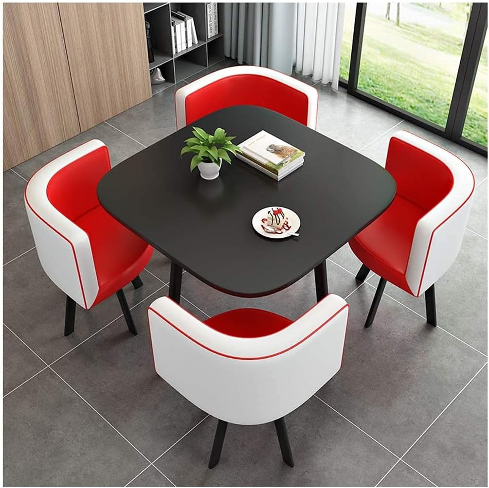 Round Dining Table Set W/ 4 Chair - Save Space Office Table and Chair Set Lounge Negotiation Room Hotel Reception Shop Parlor Milk Tea Shop Cafe Dessert Shop,Red One Size