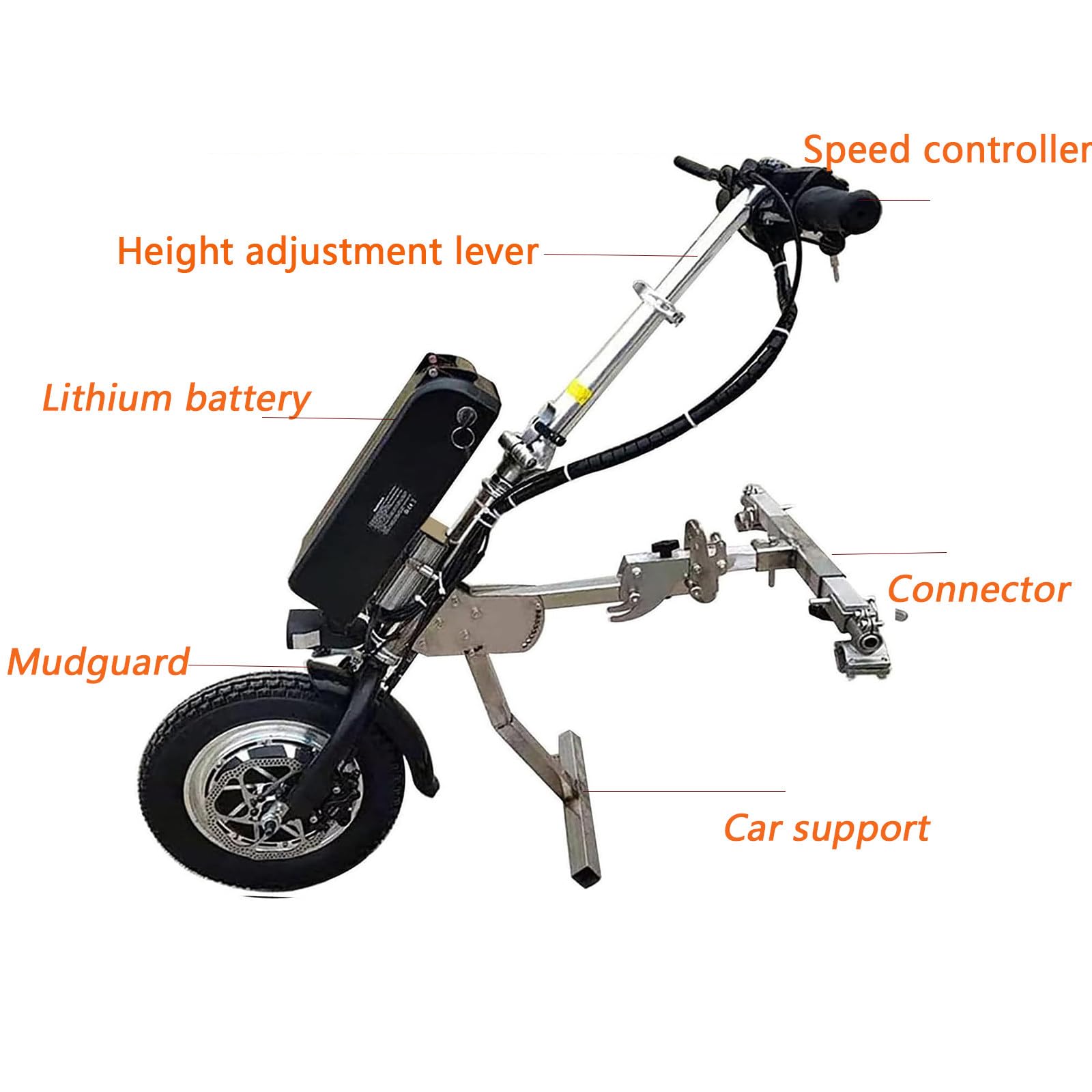 Accesorio eléctrico para silla de ruedas, kit de conversión de 500 W con ajuste de 3 velocidades, alcance de 65 km, carga USB, diseño plegable, construcción de aluminio