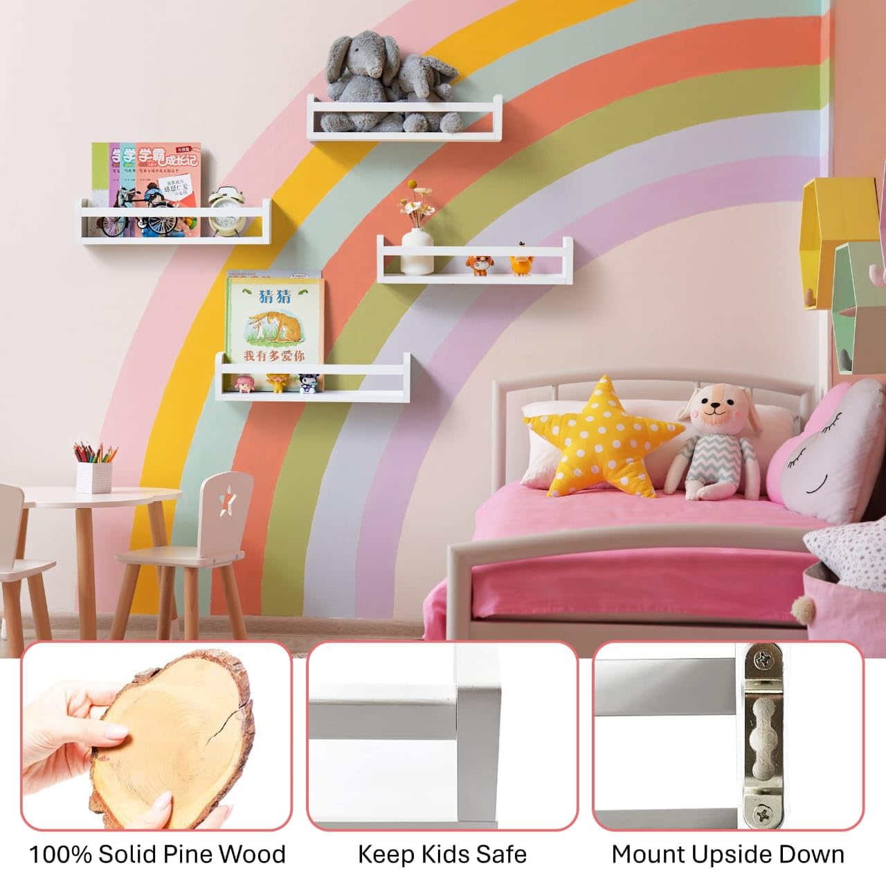 Set of 4 Floating Wall Shelves for Kids Room, Nursery, Bedroom – White Wooden Bookshelves for Toys, Books, Décor & Storage – Wall Mounted Book Shelves for Baby Room & Small Spaces (16.5” x 4” x 3.5”)