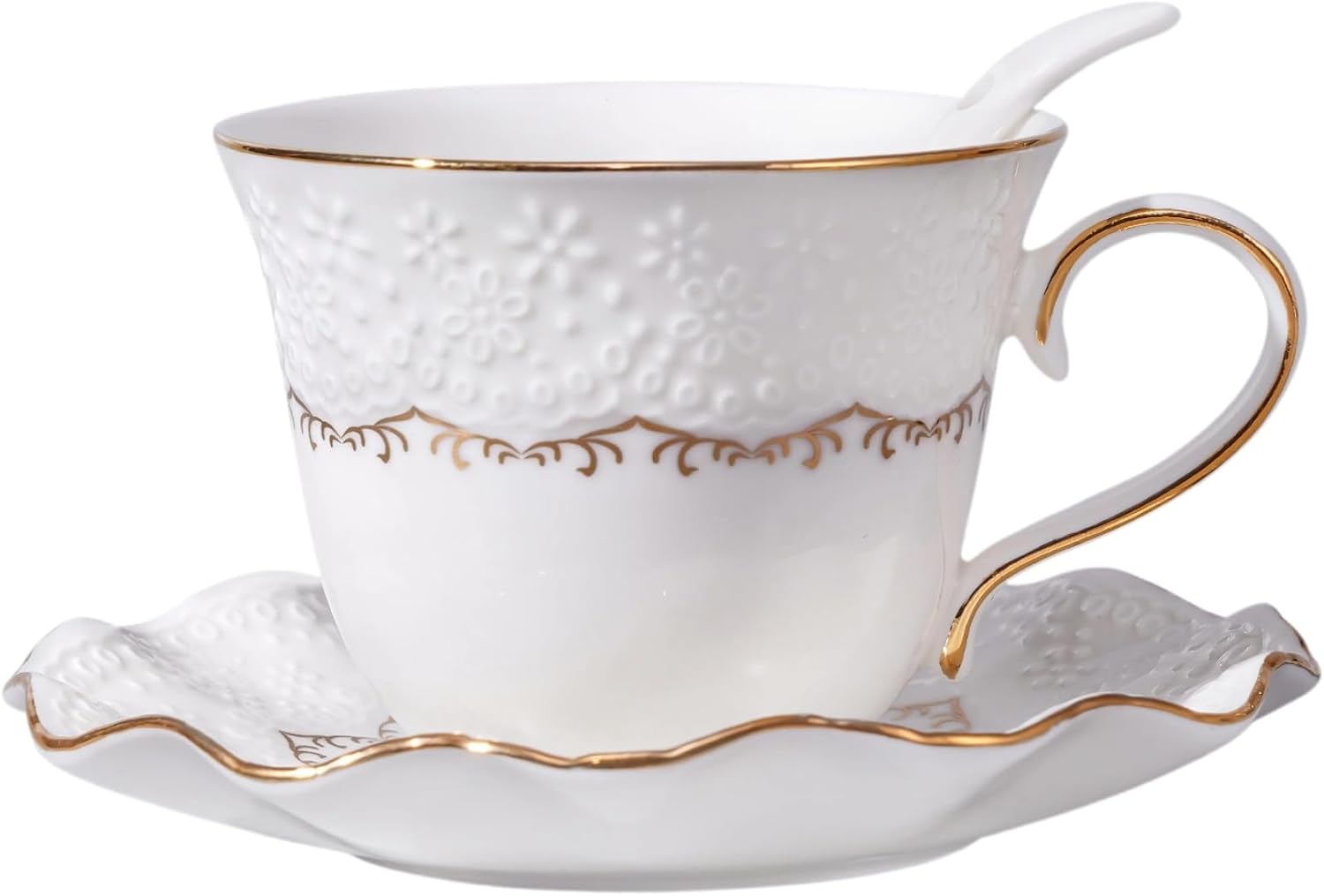 Tea Cup and Saucer Set for 1, Ceramic, White, 6.8 Oz