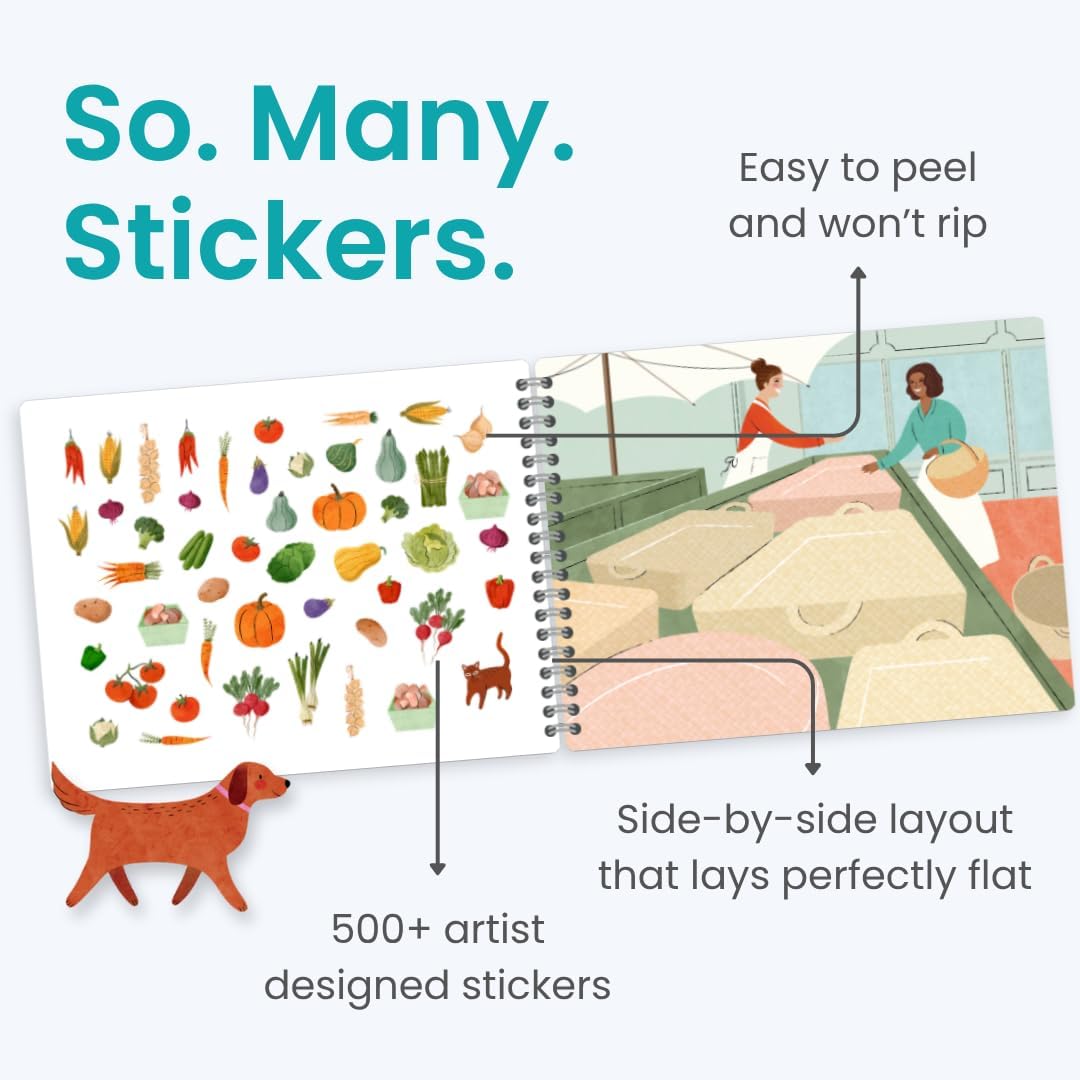 Farmer's Market 500+ Sticker Book by Cupkin Fun Toddler Travel Activity Coloring and Sticker Book, 12 Coloring Pages 12 Side by Side Scenes for Children of 2–8 Years, Valentines Gifts for Kids - Image 2