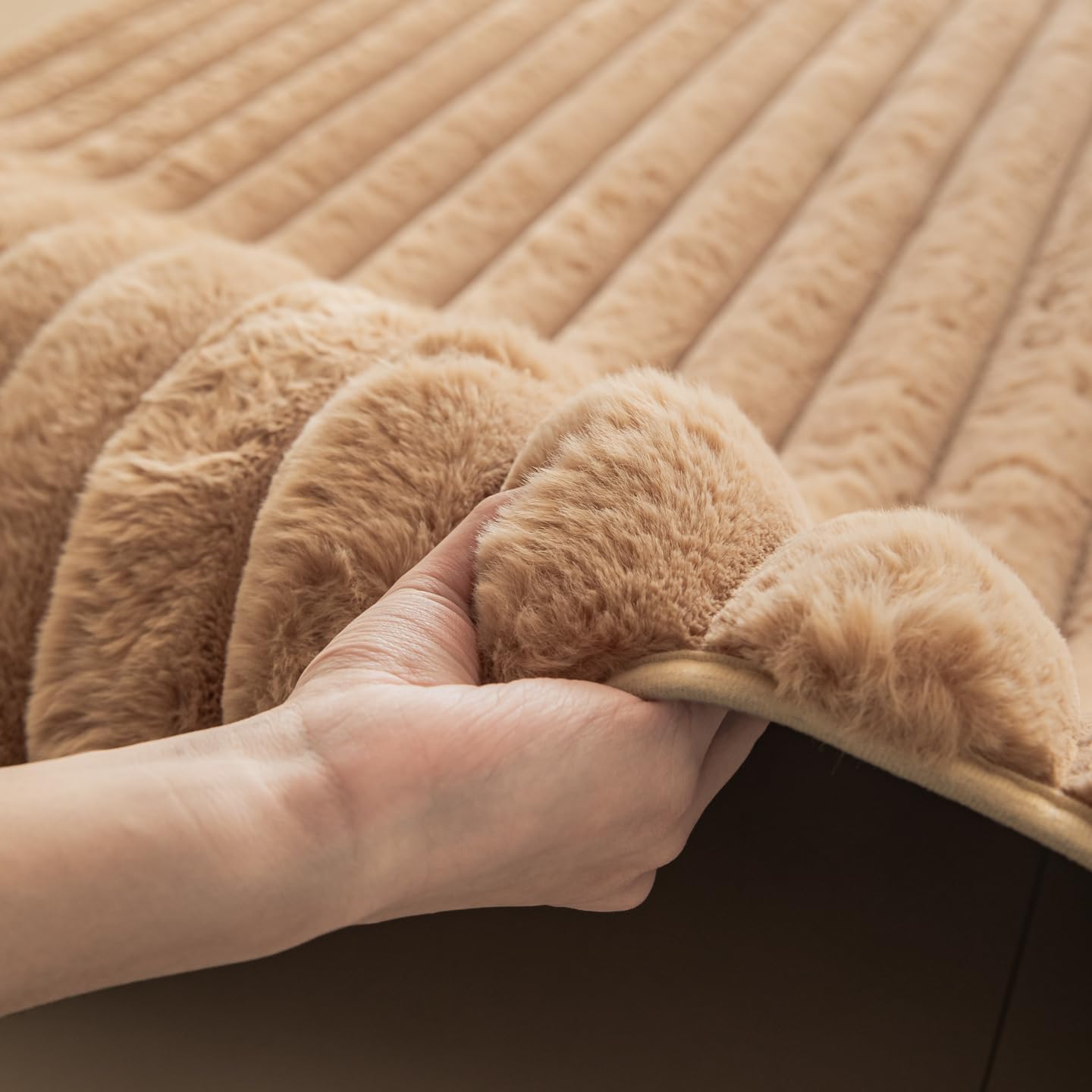 Coffee Rabbit Striped Plush Rug 8'x10', Fluffy Shaggy Area Rug for Nursery & Kids Room, Faux Fur Carpet for Girls Bedroom, Living Room, Teen Decor
