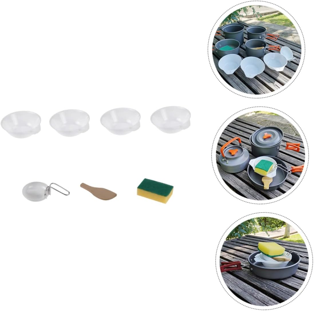 Toddmomy 7pcs Outdoor Camping Bowl Set Lightweight Portable Tableware Kit with Plastic Bowls Soup Spoon Wooden Spatula Sponge for Hiking Picnics Outdoor Cooking Supplies