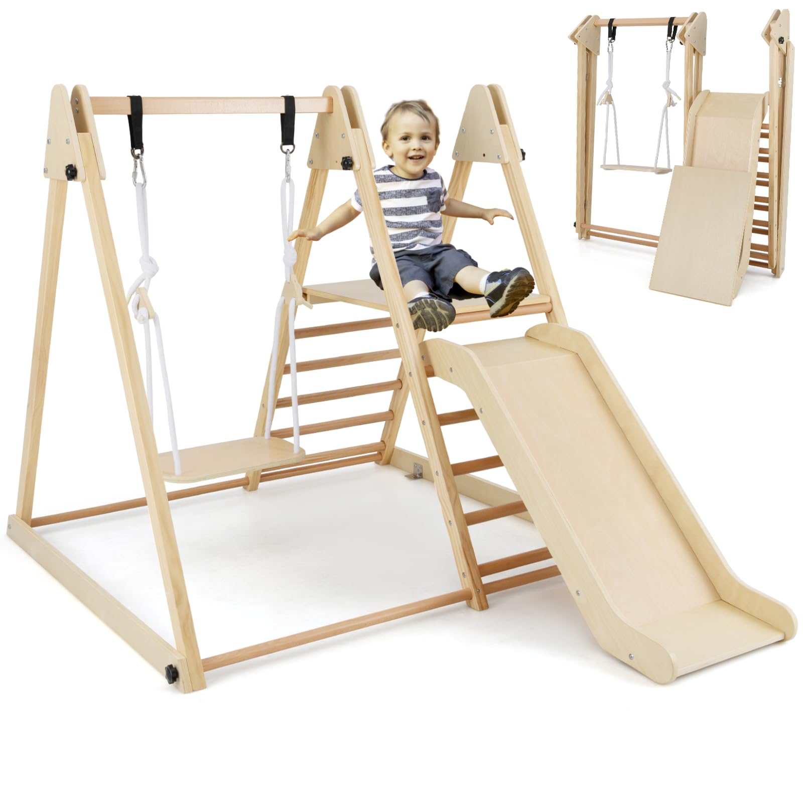 GYMAX 3 in 1 Kids Climbing Set, Wooden Toddler Swing Climber Set with Slide & Adjustable Rope, Indoor Playground Children Climbing Frame for 3 Years Old + Boys Girls (Natural) — image 1