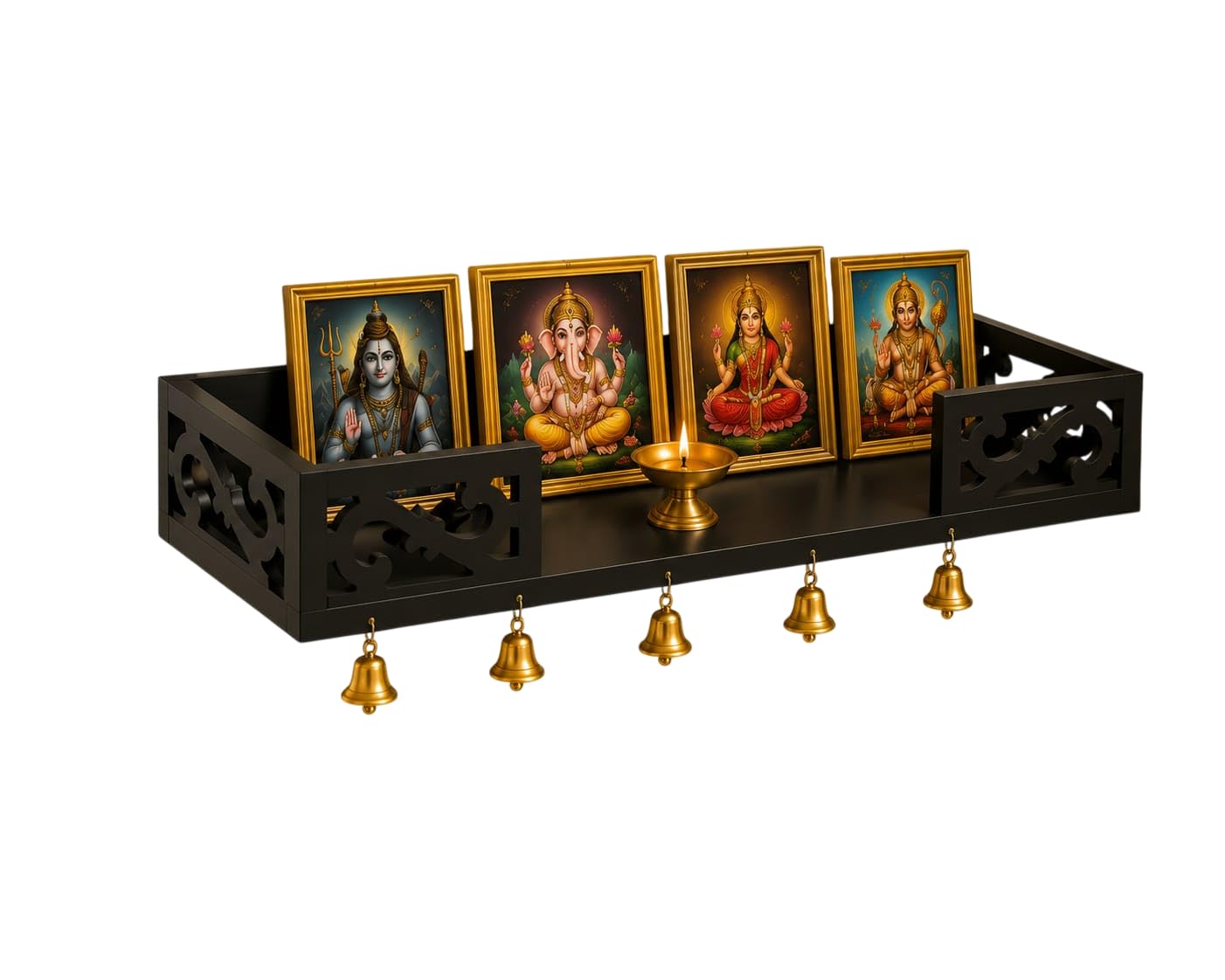 Wooden Wall Mounted Pooja Shelf with Hanging Bells | Decorative Floating Temple Shelf for Home Mandir | Multipurpose Display Wall Rack for Idols, Books & Home Décor (Black)-image-44