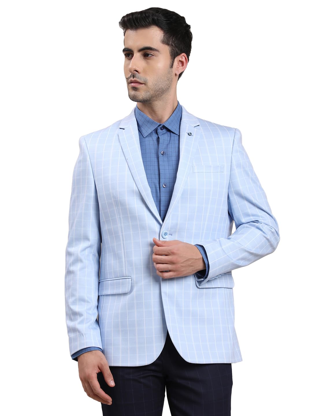 turtle Men’s Cotton Blend Checkered Casual Blazer | Tailored Fit | Light Blue Smart Casual Blazer for Office, Party-picture-24