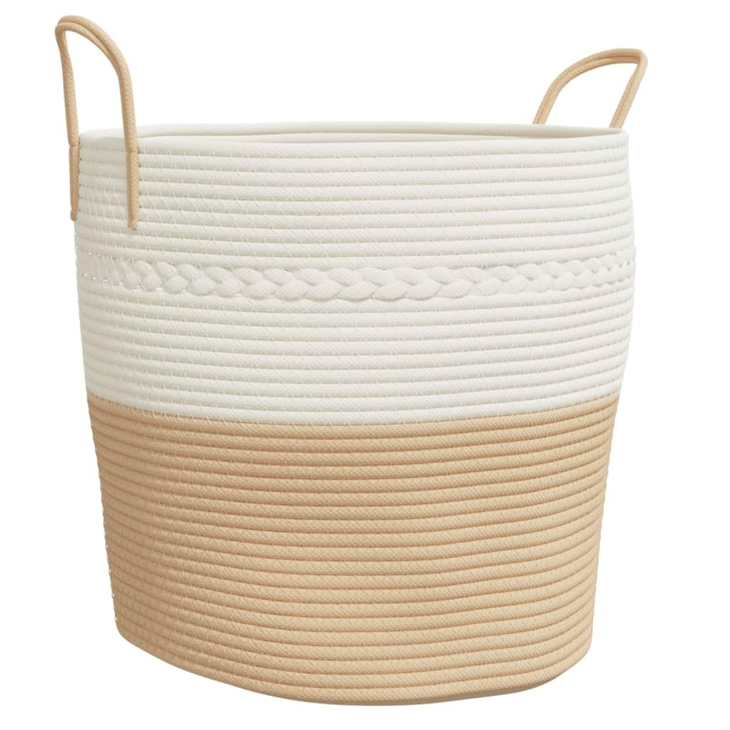 Runder Aufbewahrungskorb aus Baumwollseilen, beige-weiß, Ø43x38 cm, faltbar und platzsparend, mit robusten Griffen für einfachen Transport, vielseitig nutzbar für Kleidung,