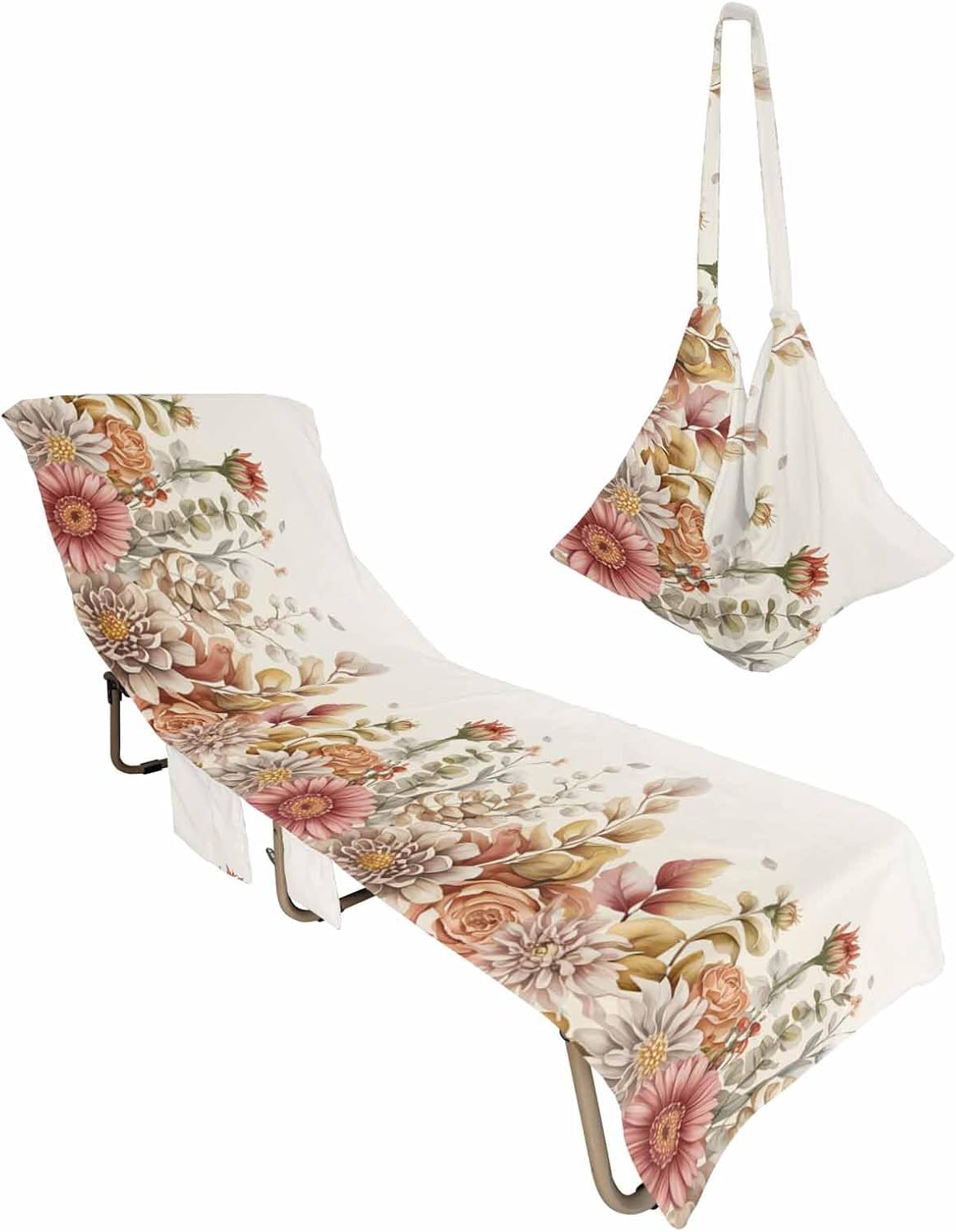 Country Eucalyptus Flowers Beach Pool Patio Lounge Chaise Chair Cover Towel With Pockets,Absorbent & Quick Dry Microfiber Towel Cover Bag Summer Accessories Fall Farmhouse Leaves Rose Dahlia Floral