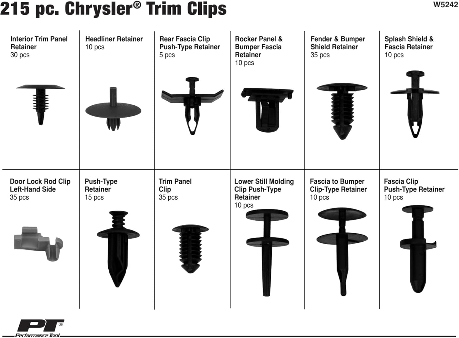 Performance Tool W5242 215pc Chrysler Trim Clips | Trim Clips for Doors, Bumpers, Paneling & More | Most Popular Sizes for Chrysler | Includes Case & Picture Insert for Quick Part Identification