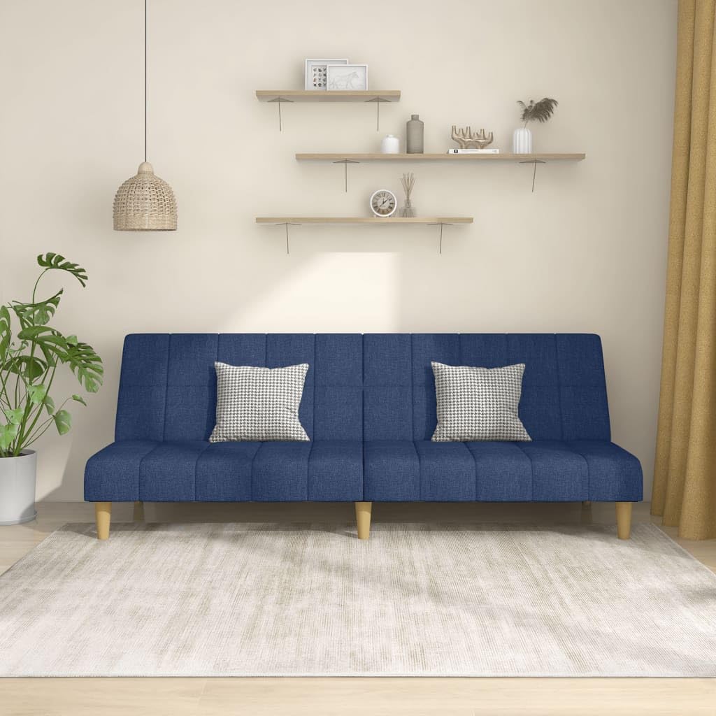 Divano letto a 2 posti in tessuto blu con due schienali separati come divano letto con struttura in legno, ideale per soggiorno e ufficio e per piccoli spazi