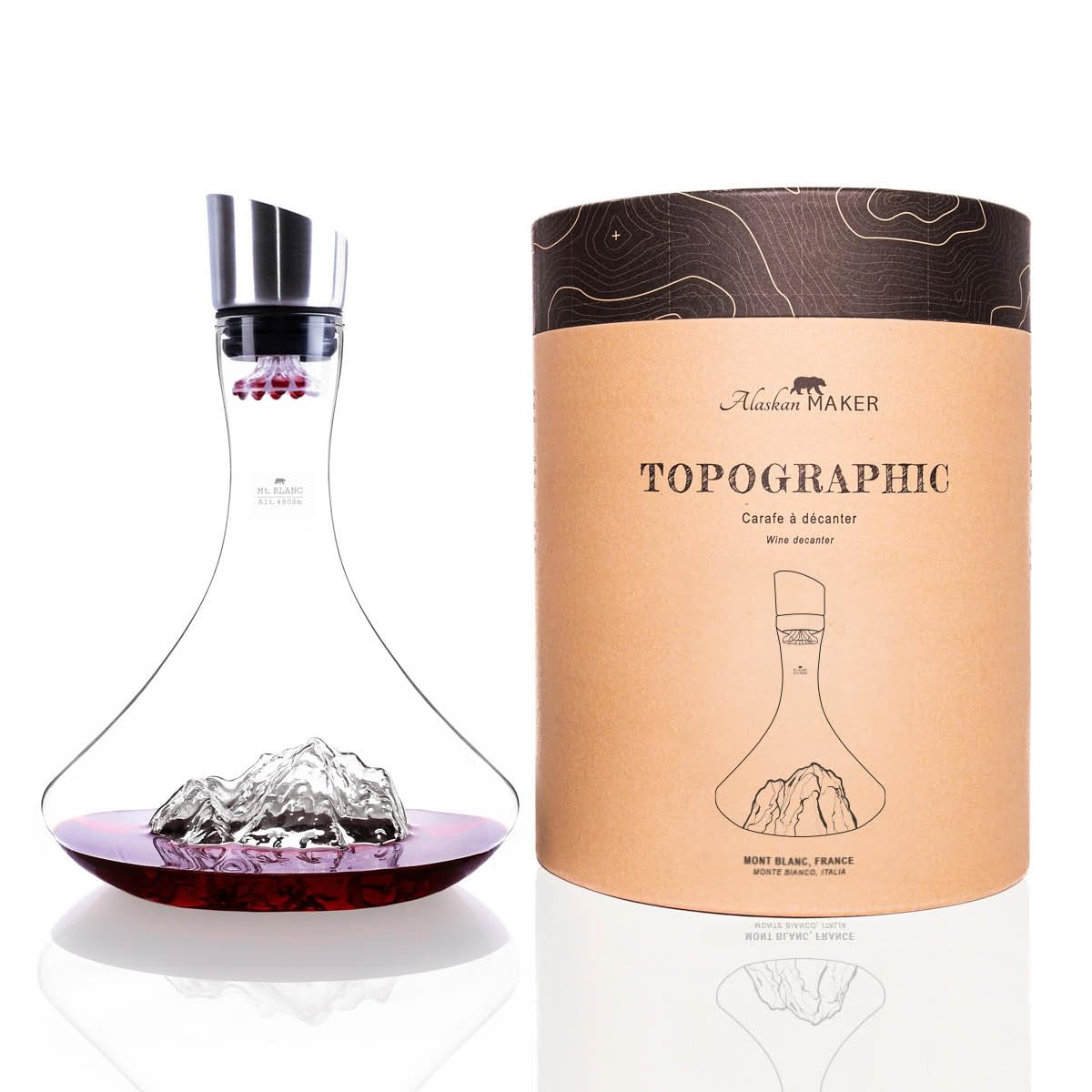 Carafe à décanter le vin 1.8 L | Borosilicate de qualité supérieure soufflés artisanalement avec les montagnes en relief | Bouchon 3 en 1 (filtre, aérateur et bec verseur) (Mont Blanc)