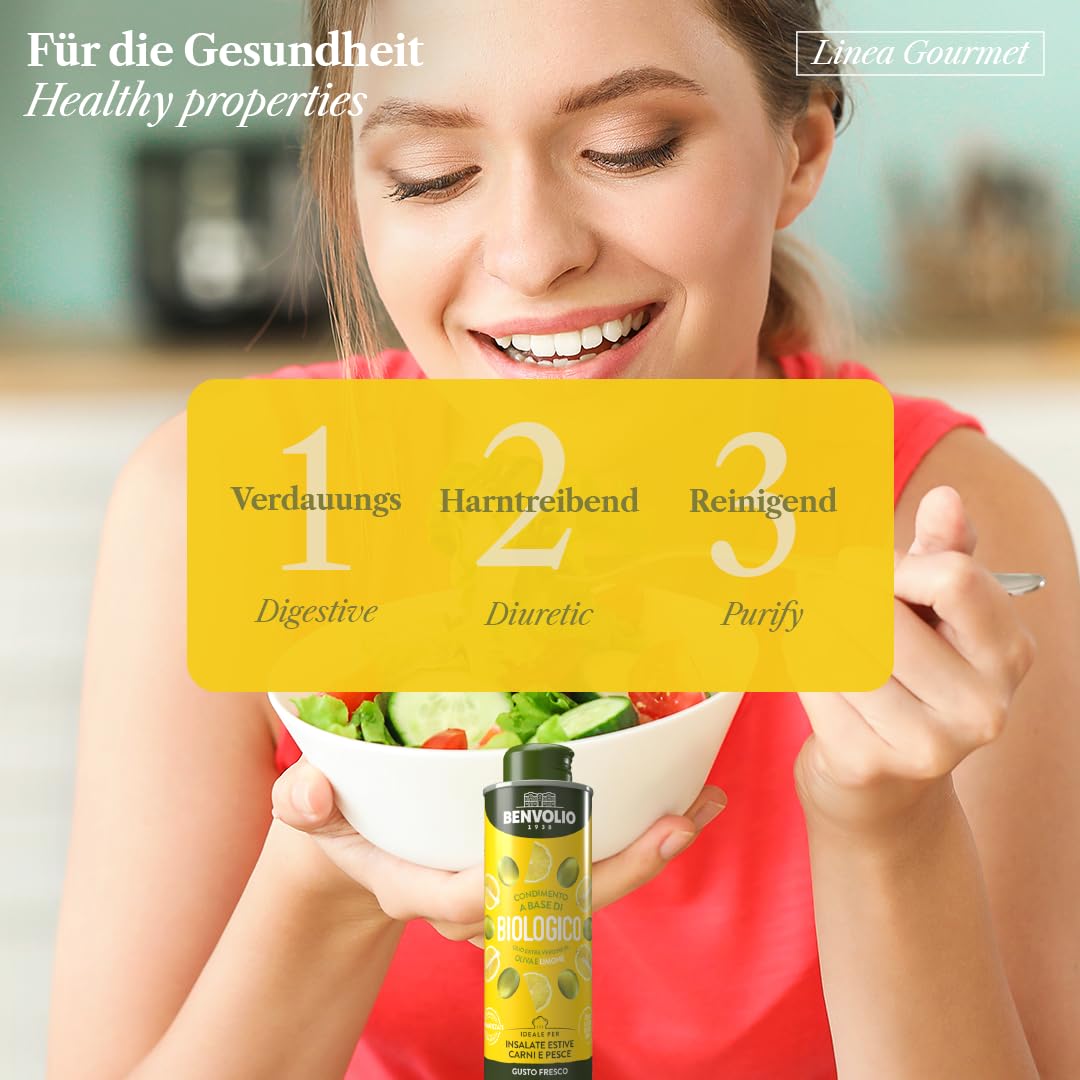BENVOLIO Bio-Zitronenöl 250ml - Kaltgepresst aus Ausgewählten Oliven, Aromatisiert mit Echtem Zitrone: Ideal für Salate, Fleisch und Fisch - Reich an Vitamin E & C, 100% Natur, Verdauungsfördernd.