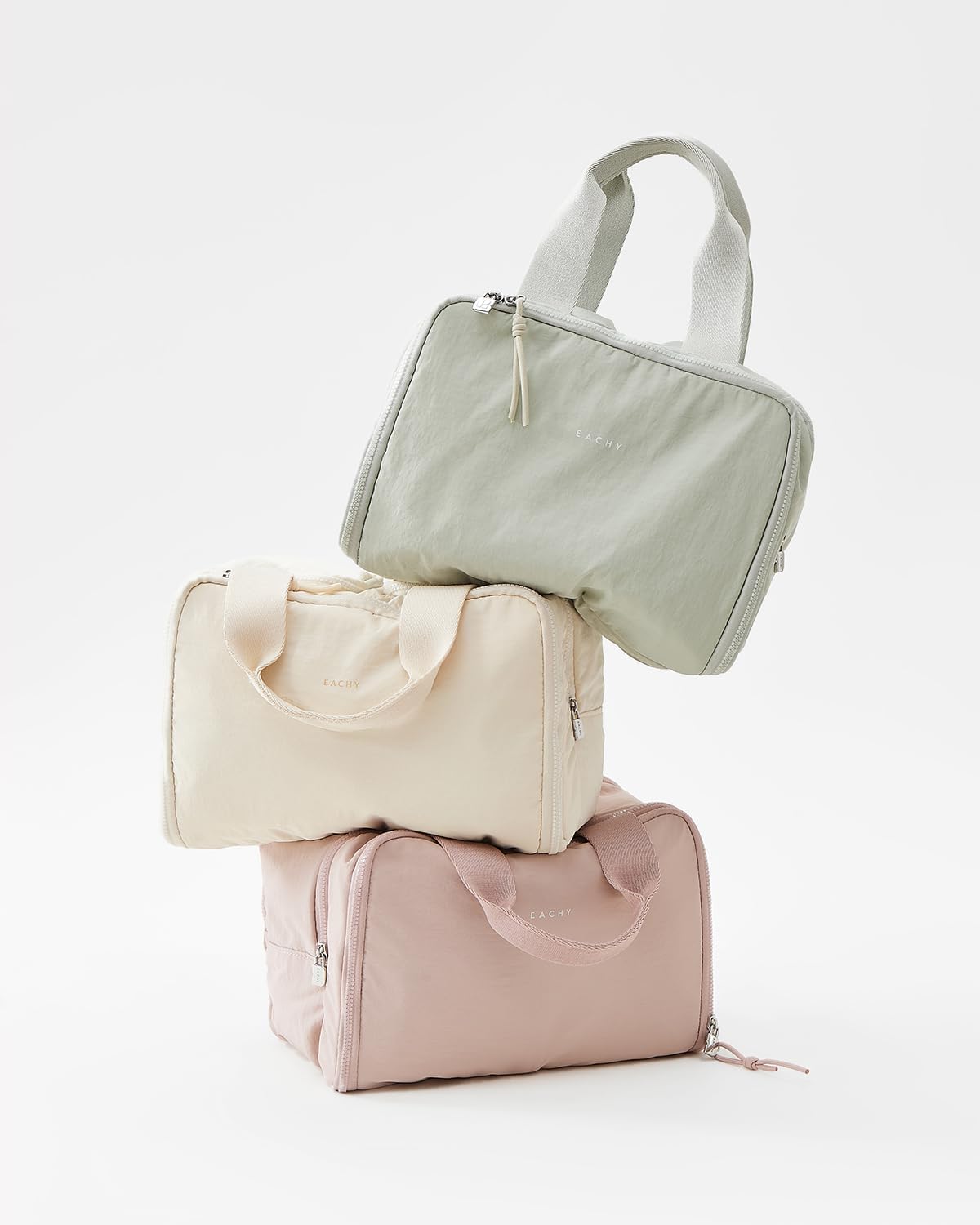 EACHY Travel Makeup Bag with Handle, Large Capacity Makeup Organizer, Waterproof Cosmetic Bag for Women, Wide-Open Design, Portable Toiletry Case for Travel, Accessories, and Essentials (Beige)