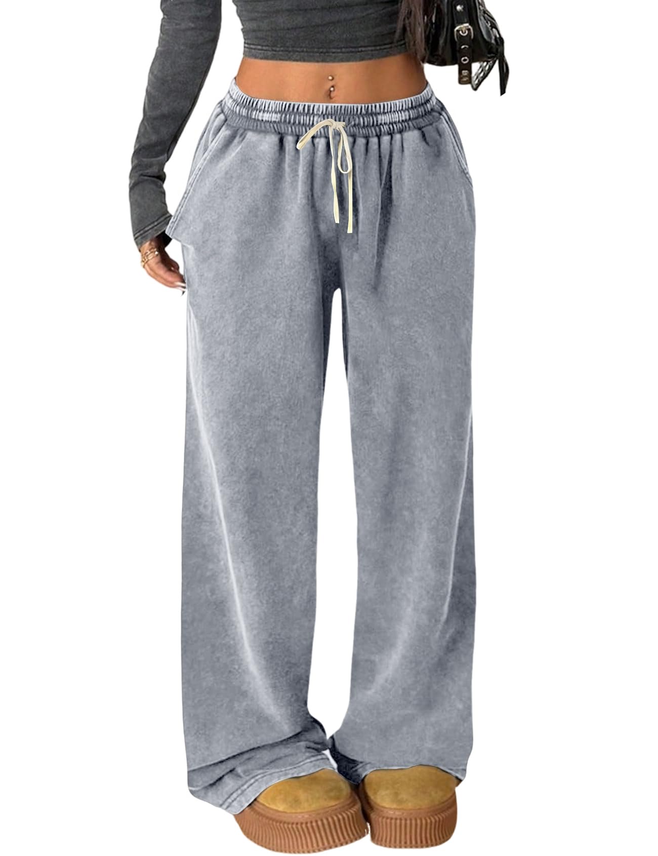 Arssm Womens Baggy Wide Leg Sweatpants Acid Wash Vintage Cotton Drawstring Joggers with Pockets