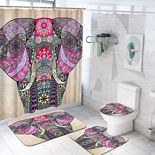 Duobaorom 4 Pieces Set Animal Shower Curtain Set Vintage Tribal Elephant With Mandala Flower Art On Non-Slip Rugs Toilet Lid Cover Bath Mat And Bathroom Curtain With 12 Hooks 72X72Inch #TOP4