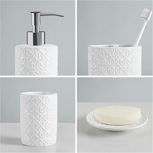 Miniatura 7 de Martha Stewart Juego de accesorios de baño de cerámica, organizador de almacenamiento de decoración de tocador, medallón de damasco en relieve,