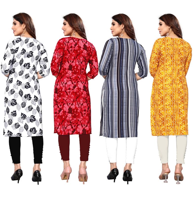 Image of JAKHANA Women's Crepe Printed Casual Straight Calf Length Round Nick Kurta Pack of 4