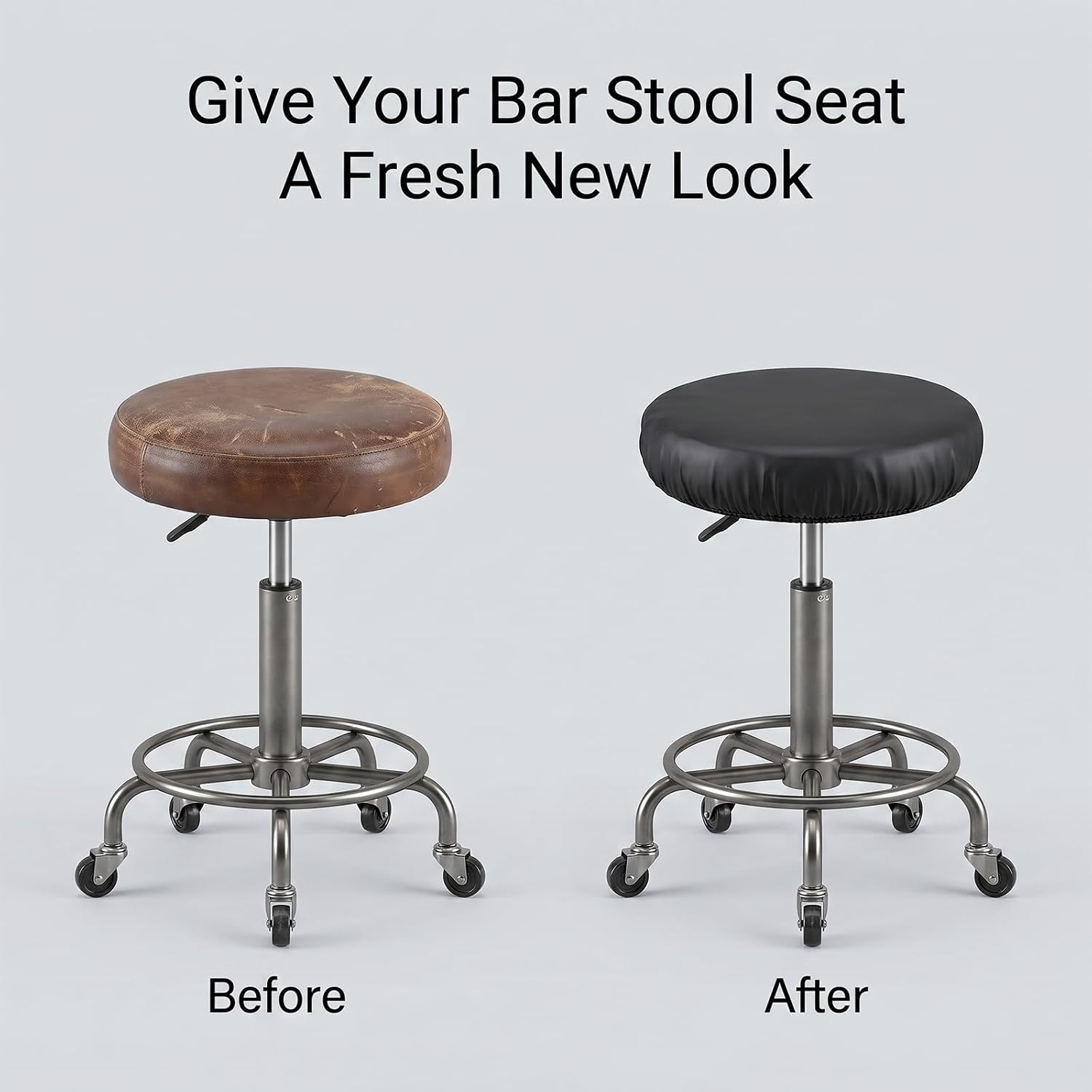 2PCS Bar Stool Covers, Elastic PU Leather Stool Cushion for 12-15 Inch Round Barstool Seat, Universal Waterproof Slipcovers for Dining Chairs(Black)