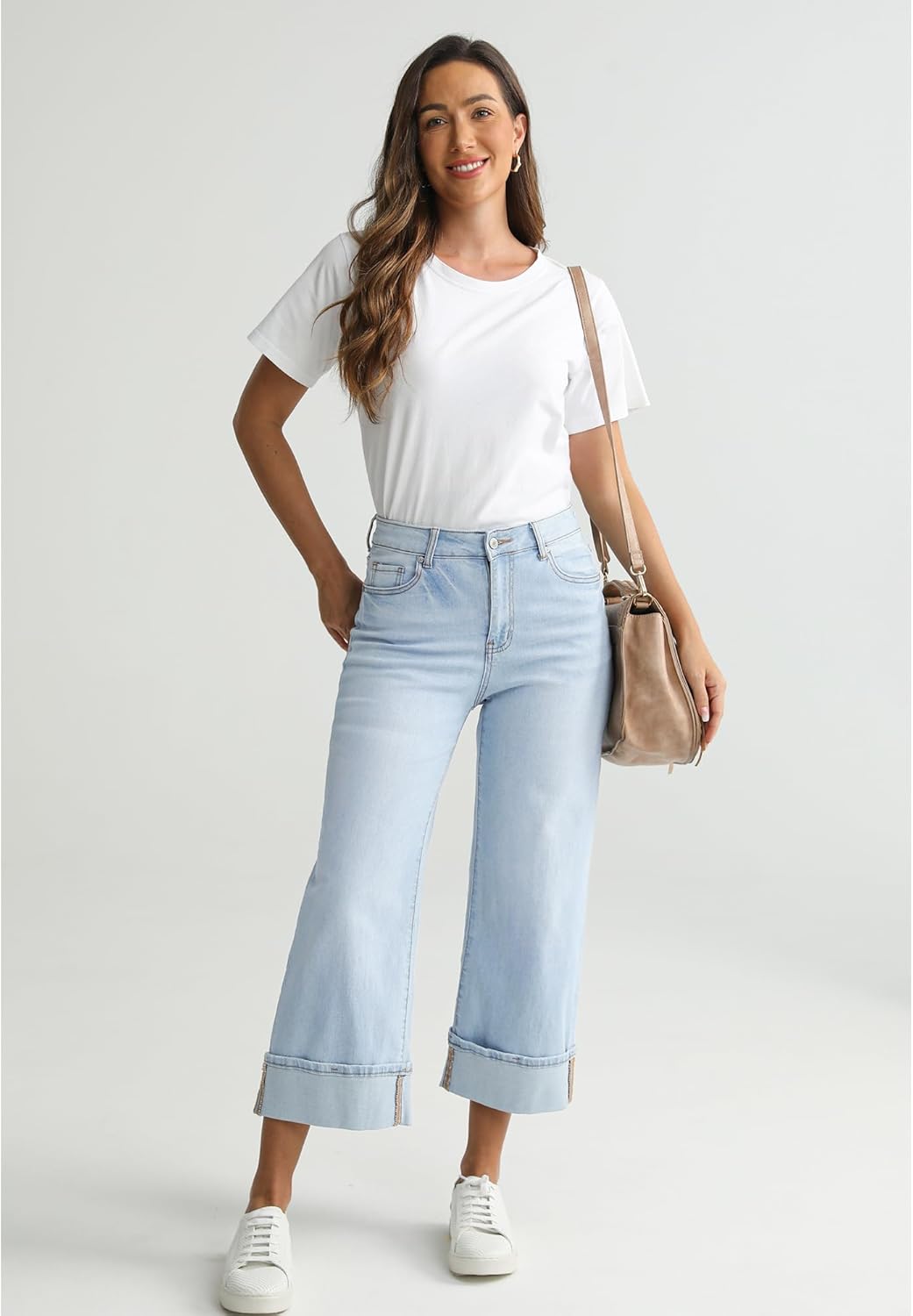LookbookStore Capris Jeans for Women Wide Leg High Waisted Casual Summer Roll Hem Cropped Stretch Denim Jean Capri Pants - Image 3