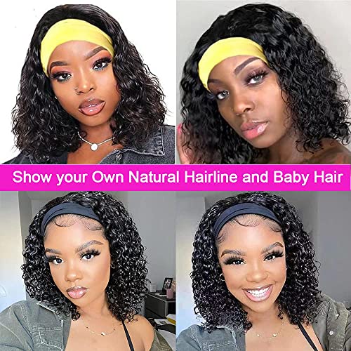 Rebasar Deep Wave Headband Wig Human Hair Curly Headband Wigs For Black Women Human Hair Glueless None Lace Front Wig 14 Inch Brazilian Virgin Hair Wear And Go Wigs 150% Density Natural Black Color #TOP1
