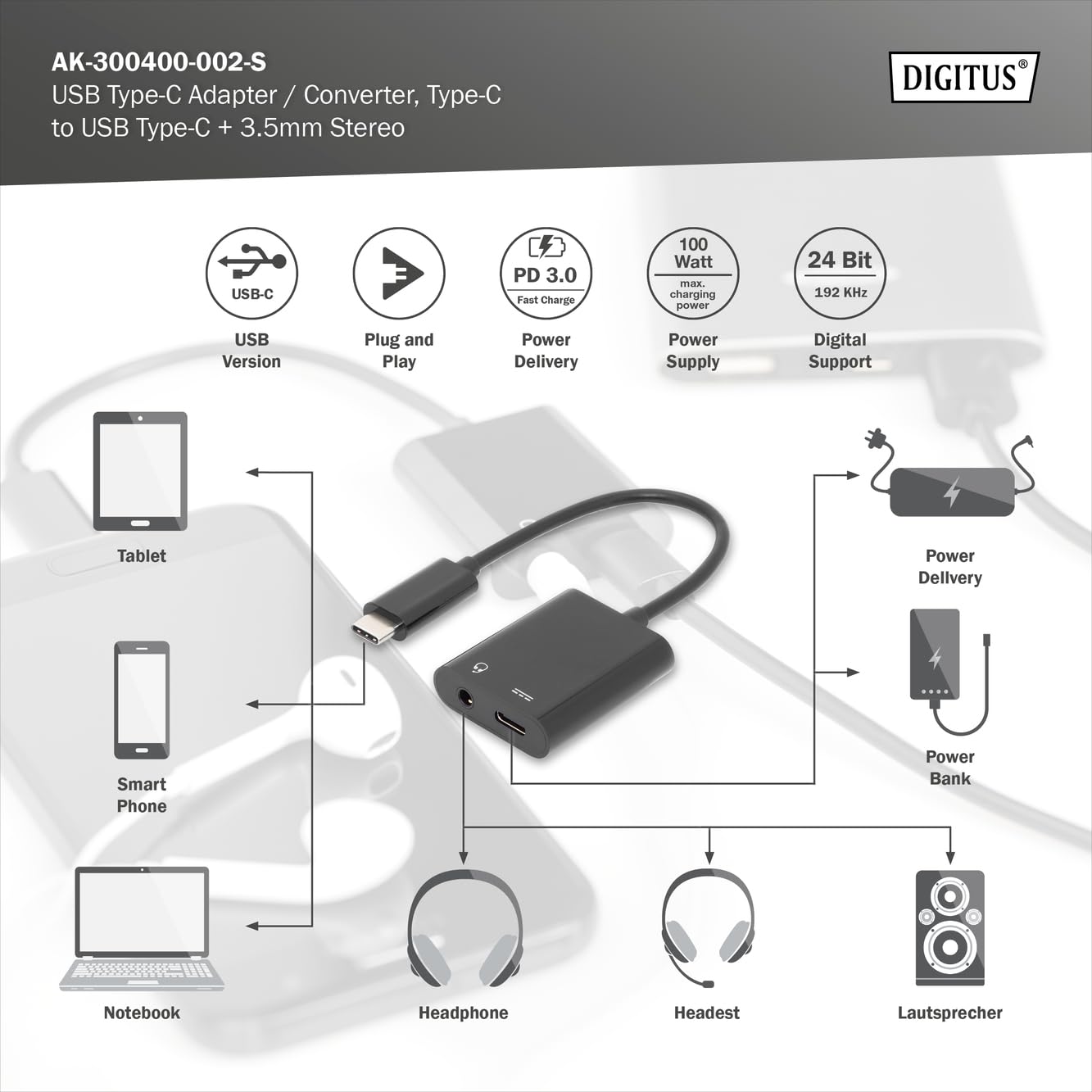 DIGITUS USB-C Verlängerungskabel 0.7 M – USB 3.2 Gen2, 10 Gbit/s, 100W Laden, 4K Video
