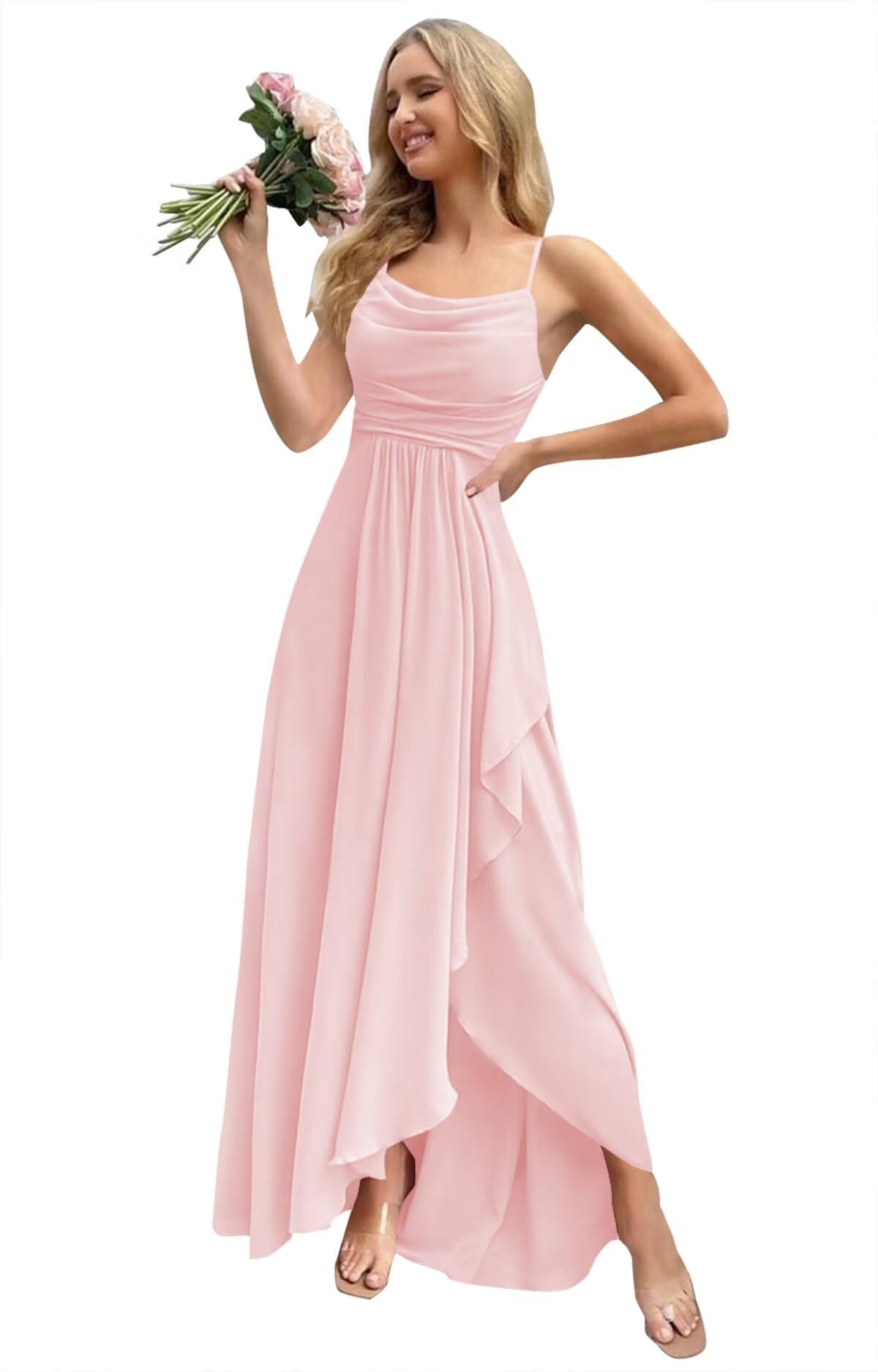 Monvelli Asymmetrical Cowl Neck Bridesmaid Dresses Long Ruffle Chiffon Empire Waist Formal Party Gowns with Pockets