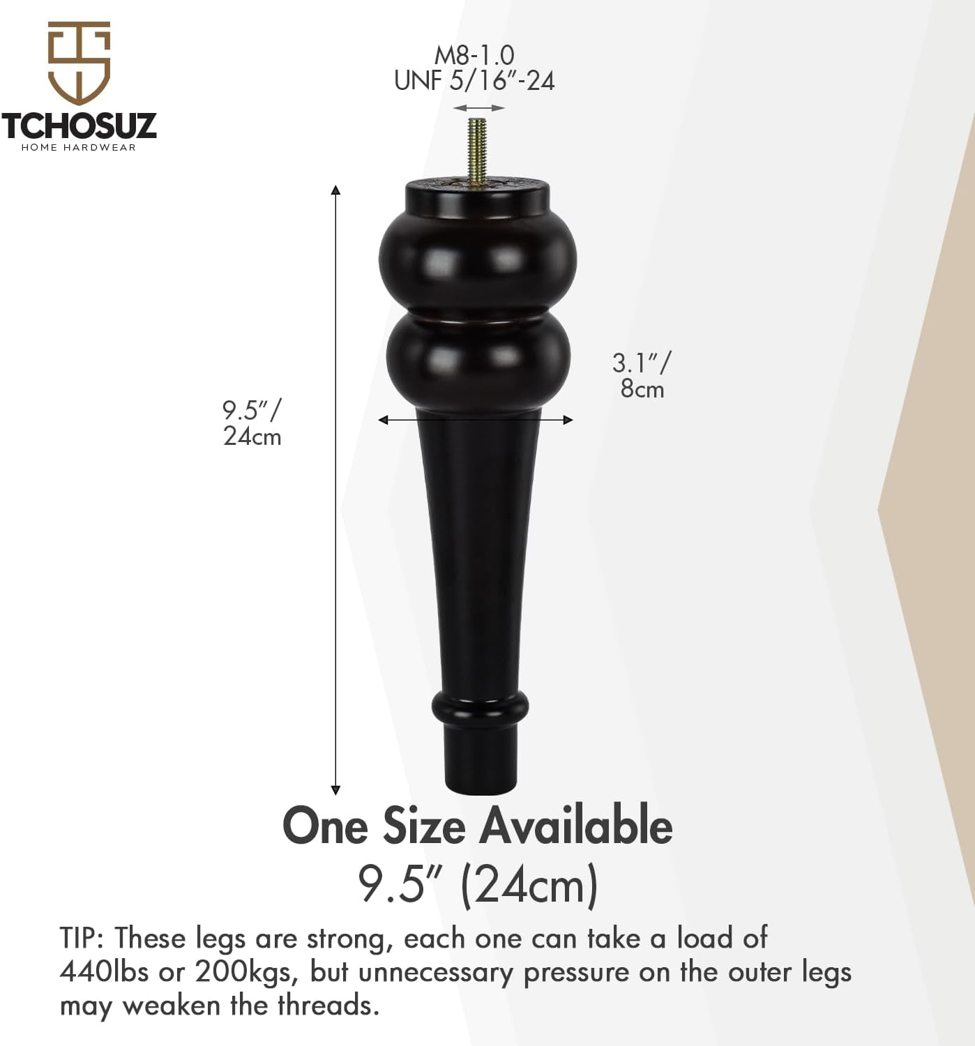 10 inch / 24cm Wooden Furniture Legs, Pack of 4 Walnut Solid Wood Turned DIY Replacement Bun Feet with M8 Hanger Bolts & T-Nuts or Sofa Couch Cabinet Recliner Ottoman Riser