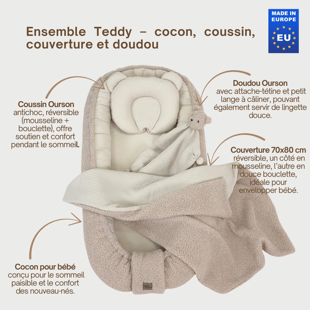 WIKLINOPOL Ensemble Babynest Beige – Baby Nest pour nouveau-né, nid & cocon avec coussin Teddy, couverture & doudou – Équipement bébé respirant en mousseline & peluche Teddy