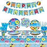 SUMINISTROS DE FIESTA PERFECTOS - ¡El sol está caliente, el verano está aquí! Disfrutemos de esta emocionante fiesta de verano bajo el sol. Deje que este juego de fiesta de cumpleaños con tema de playa decore su fiesta y disfrute de este divertido y feliz ambiente de fiesta con su familia y amigos.