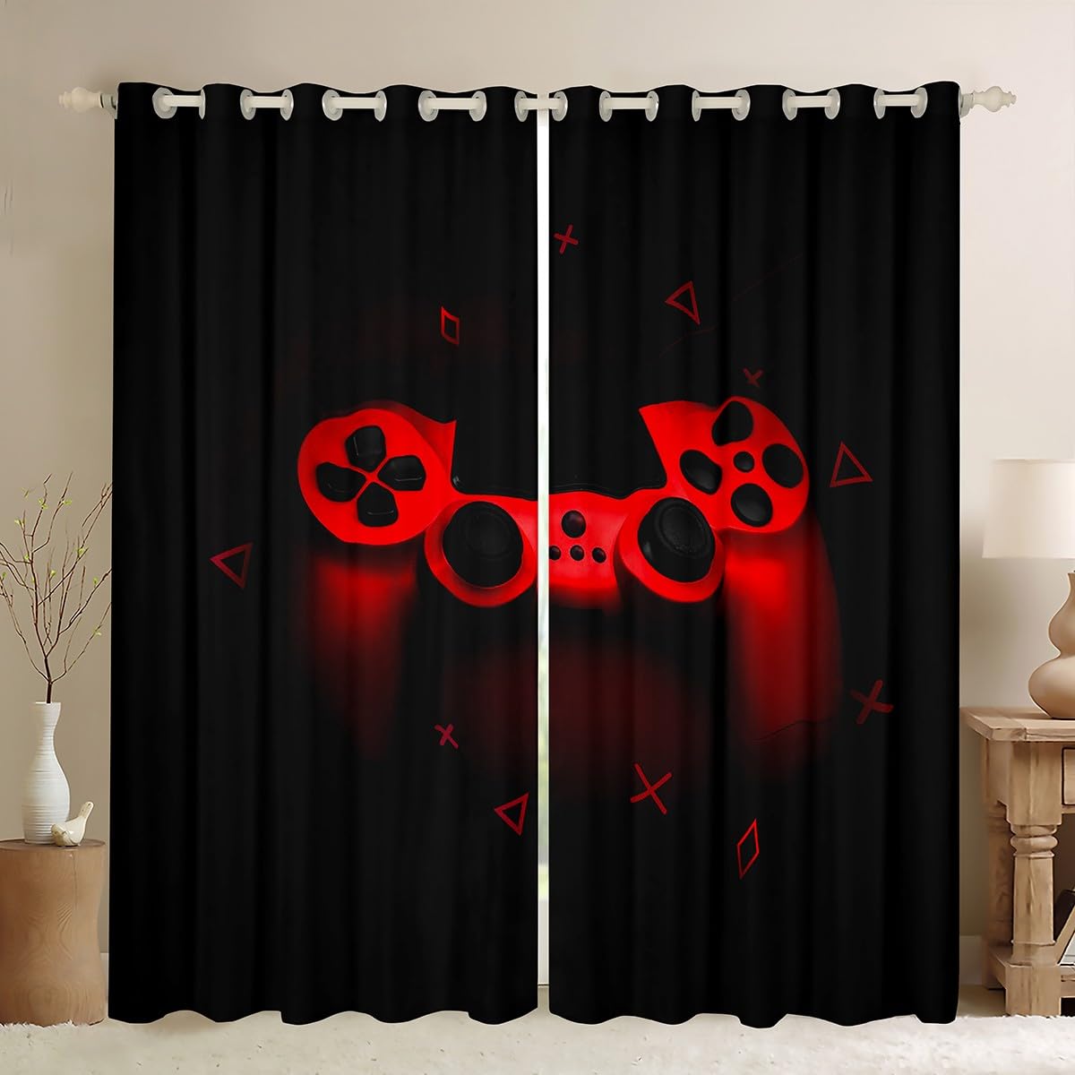 Boys Games Room Darkening Curtain Red Gaming Console Window Curtain for Bedroom Video Game Gamepad Window Curtain for Kids Girls Teens Hipster Gamer