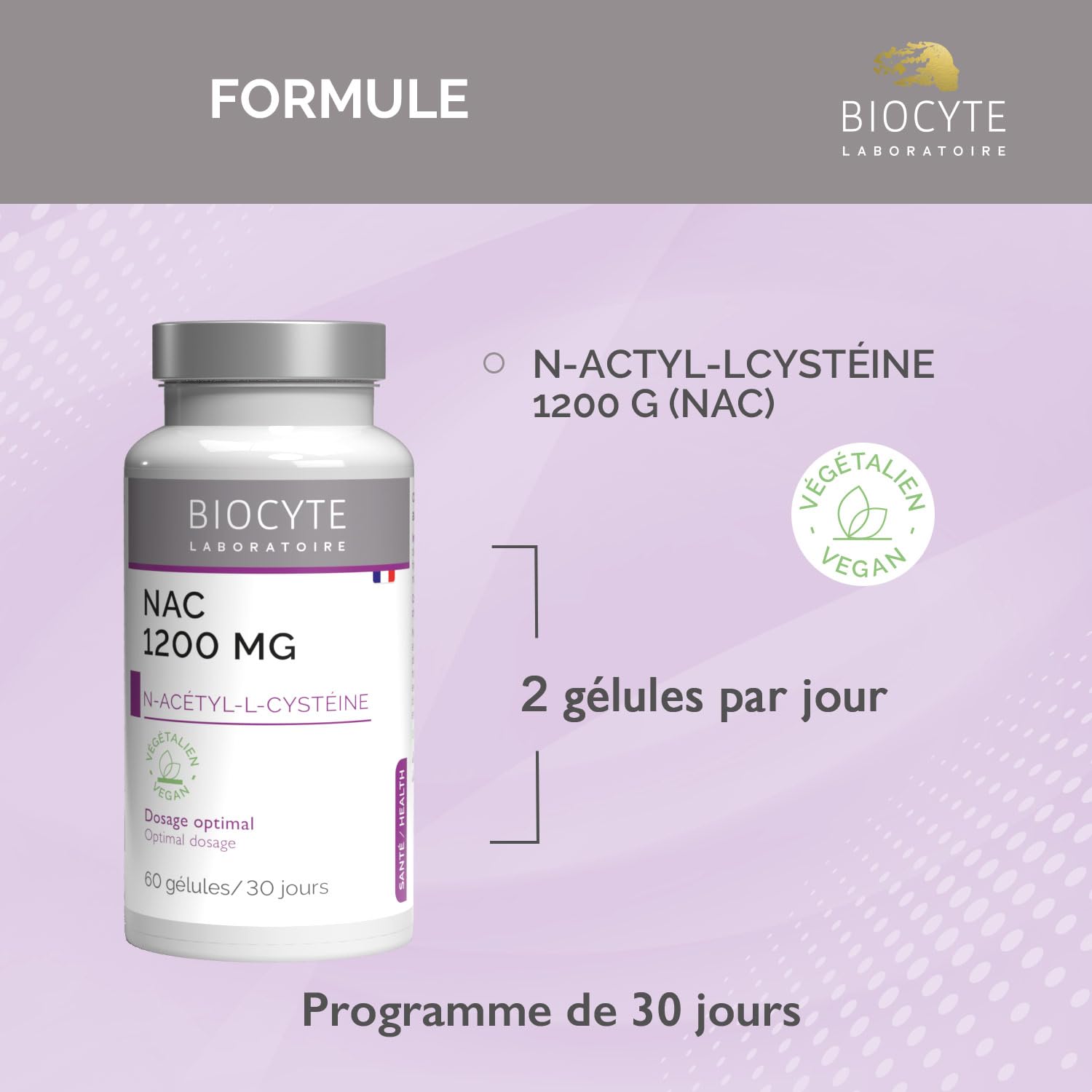 BIOCYTE NAC 1200 mg Dosage Optimal - Anti-oxydant, Synthèse du Gluthation - N-acétyl L-cystéine 1200 mg - Complément alimentaire 60 gélules - Végétalien, Fabriqué en France