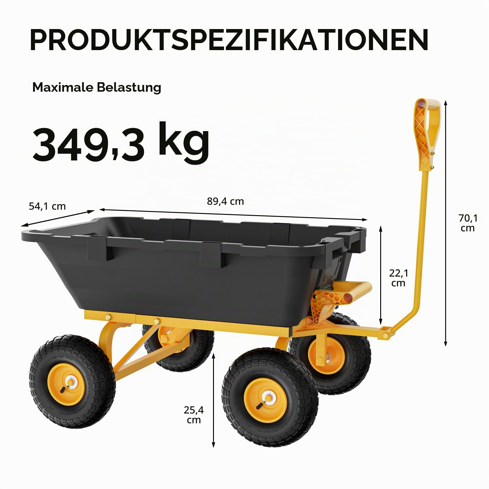 Bonnlo Schubkarre 4 Räder mit Kippfunktion,Schwerlast-Kippwagen, 363 kg Tragfähigkeit, Schnellverschluss-Kippwagen, Gartenwagen für Garten, Hof und Strand,105 * 66 * 82CM,Gelb und Schwarz