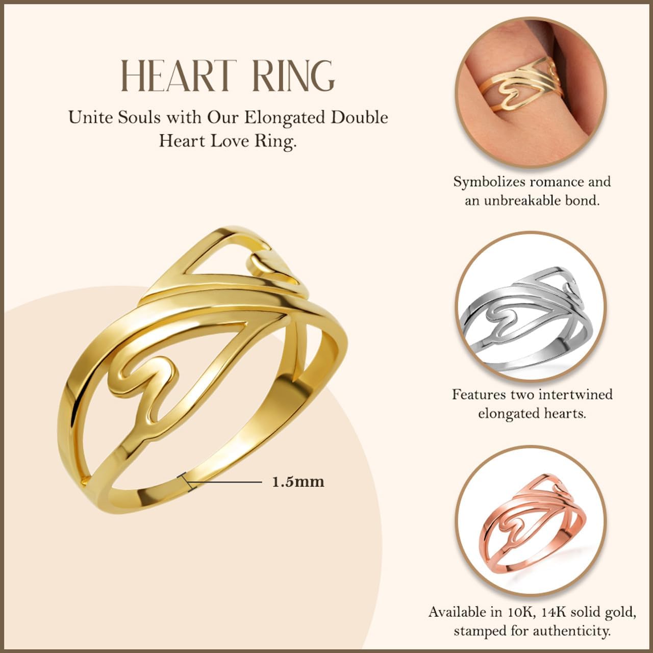 Claddagh Gold 10K &14K Elongated Double Heart Love Ring Available In Yellow/Rose/White Gold Gold with Multiple Ring Size