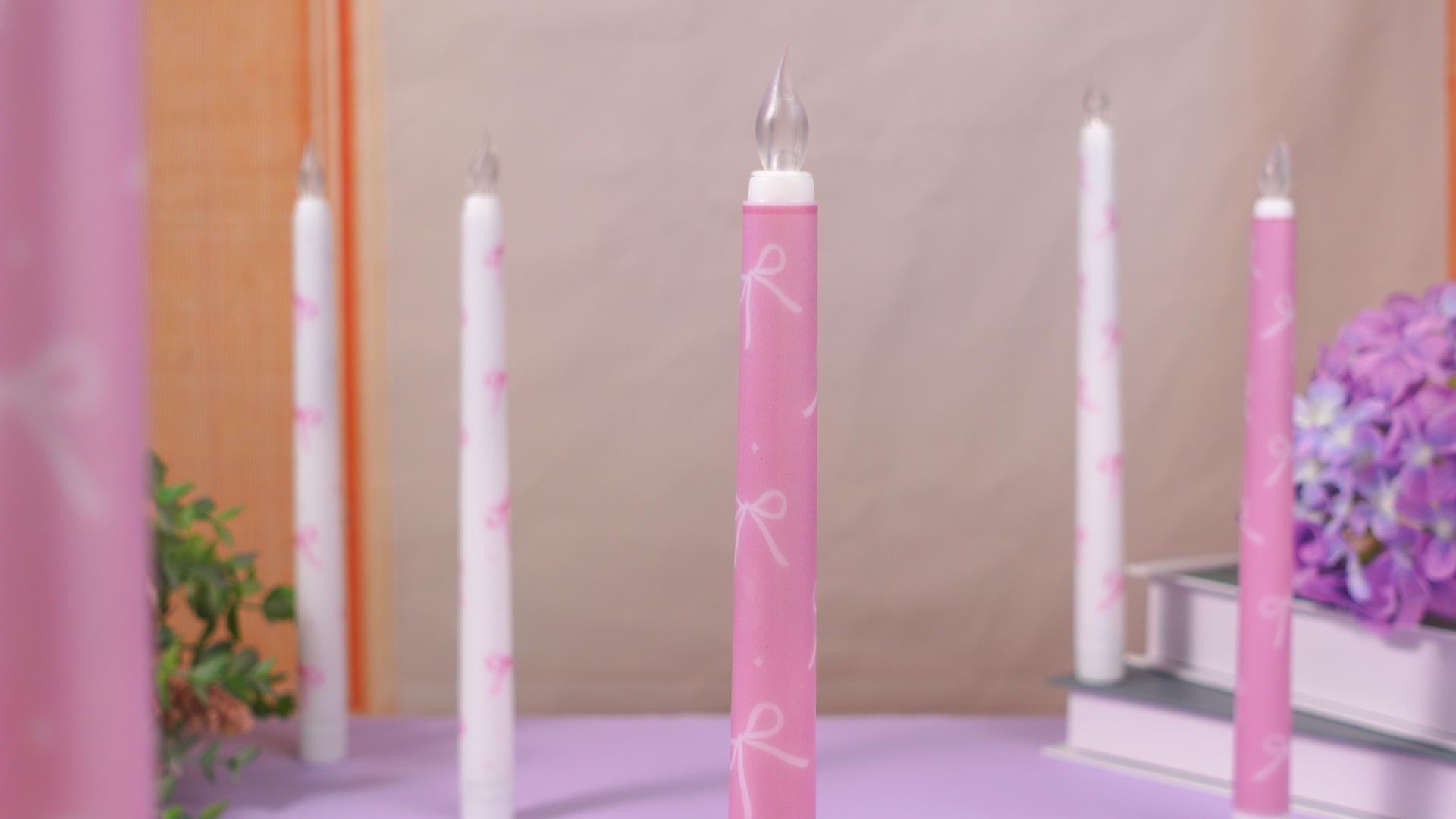 Image of Conelist 6 Pcs Pink Bow Flameless Taper Candles 10.6 Inch Coquette LED Battery Operated Candles for Birthday Bridal Wedding Dinner Room Decor