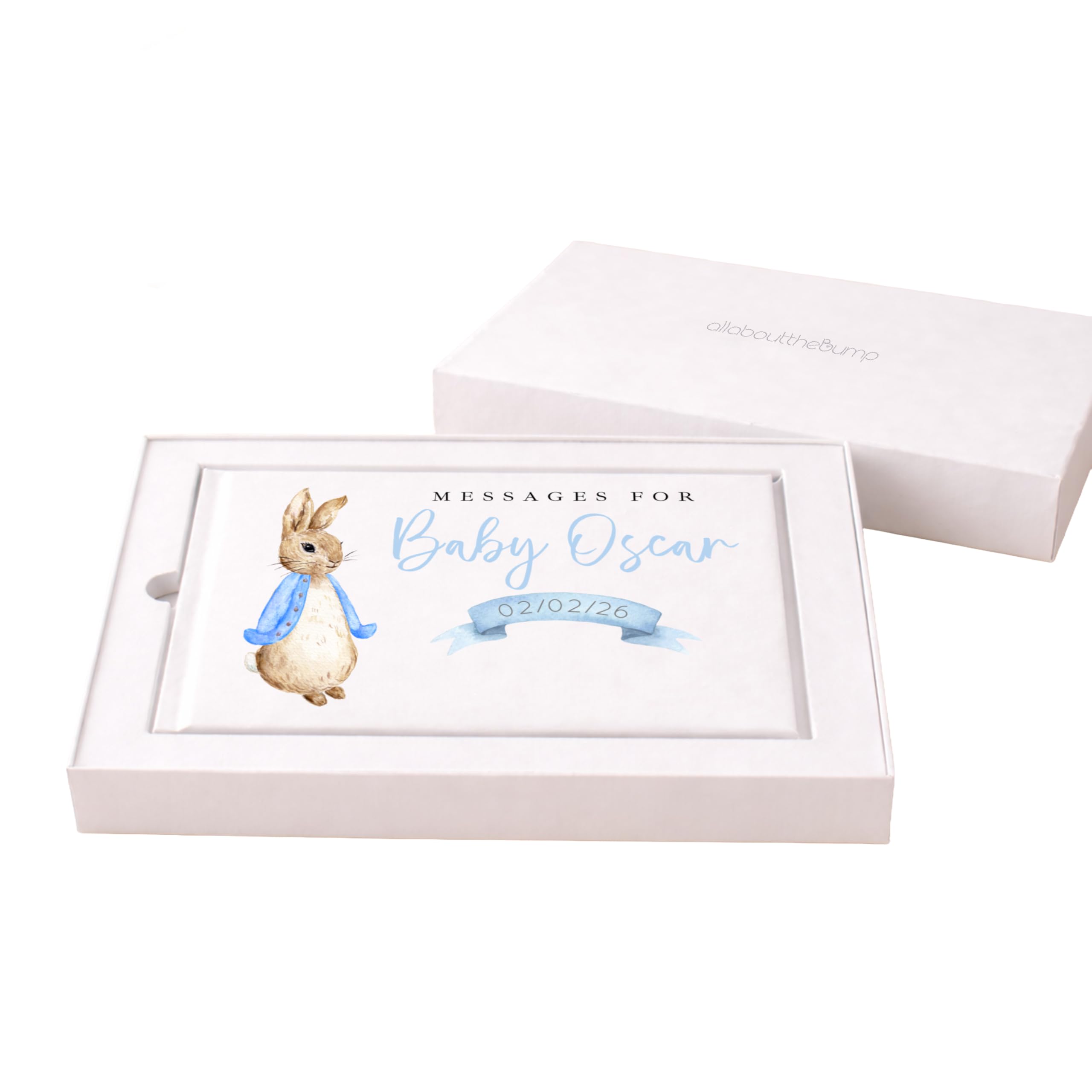 Personalised Baby Shower Guest Book and Sign Set, Peter Blue Classic Rabbit Theme, 23 x 17.5 cm, 80 Pages, Blue and White (Guest Book: Boxed)