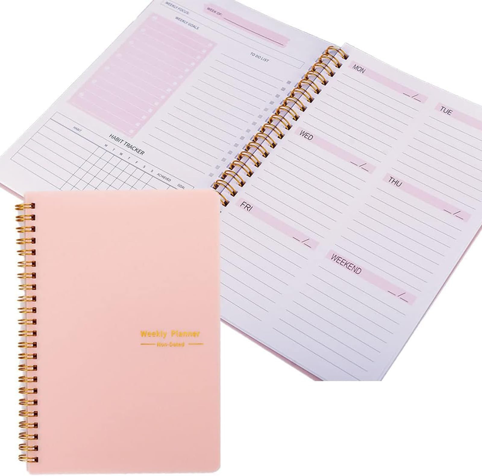 Rmoutf Daily Planner Undated Weekly Planner, To Do List Planner, Weekly Goals A5 Notebook, Meal Planning Pad, Notebook with Spiral Binding 5.7 x 8 in (PINK)