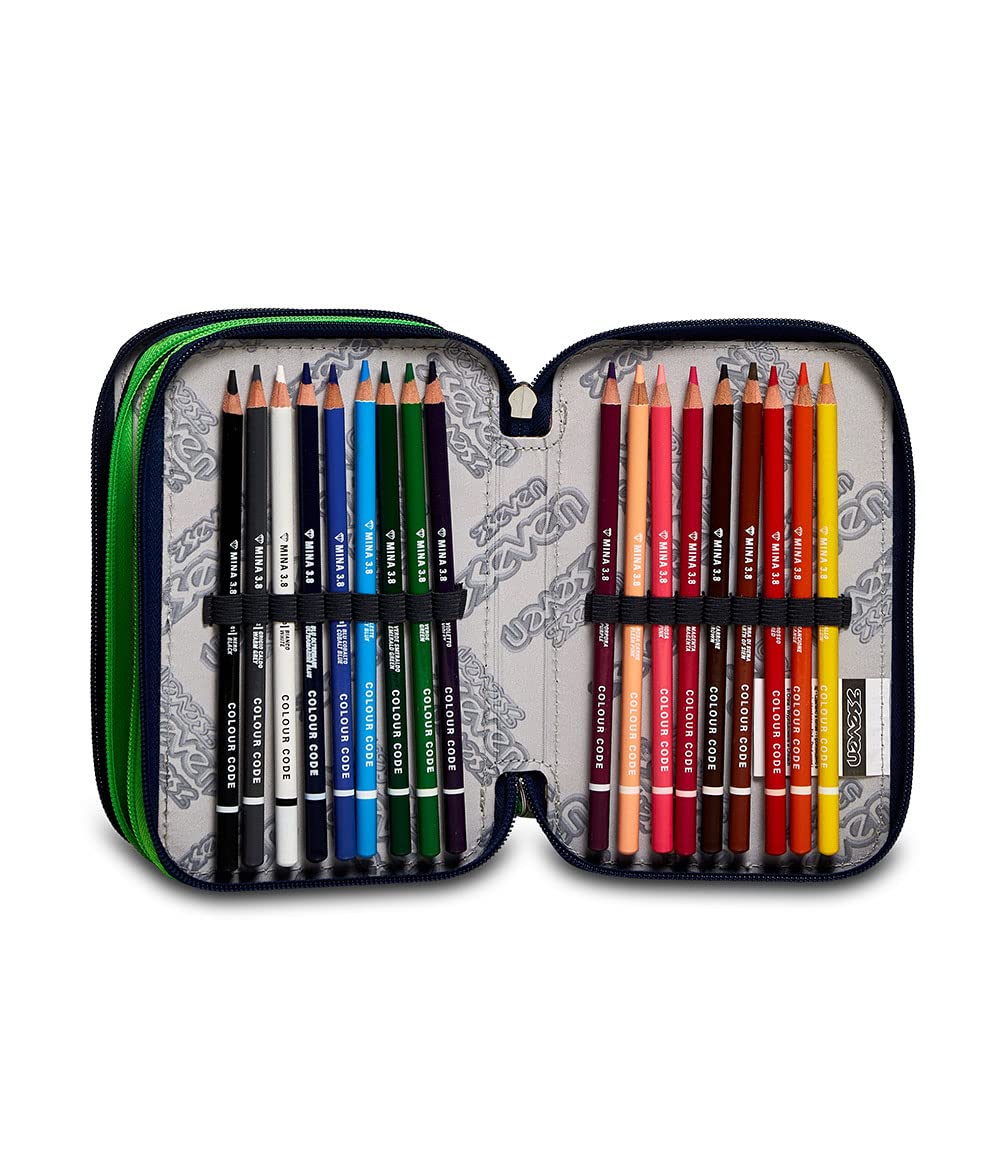 Seven Astuccio Scuola Elementare, 3 scomparti, Medie, con Matite, Pennarelli, Penne, 3 Zip, Blue Camo boy, Bambino e Ragazzo, blu