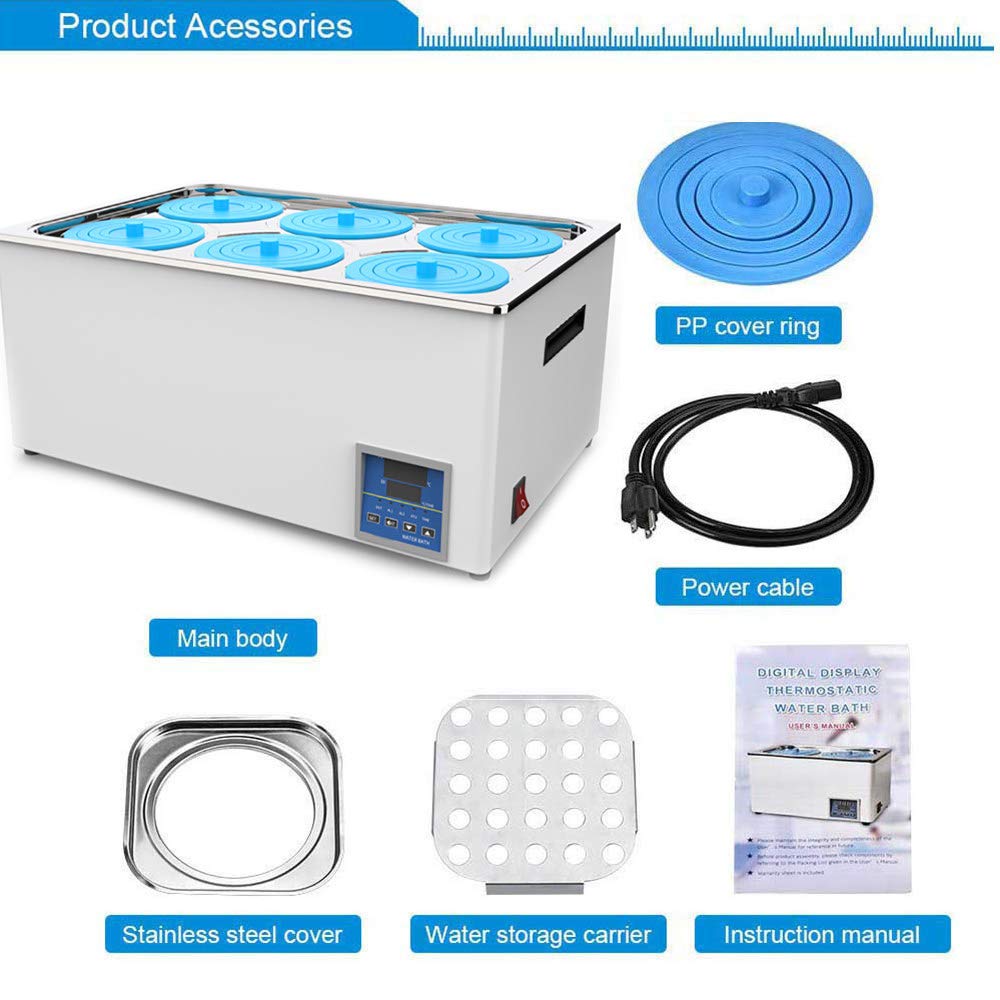 Baño María Termostático Digital, Tanque Interior De Acero Inoxidable | FuncióN De SincronizacióN Y CombustióN Antiseca | Pantalla Digital Dual | 6 Aperturas | Capacidad De 16 litros | 1200W