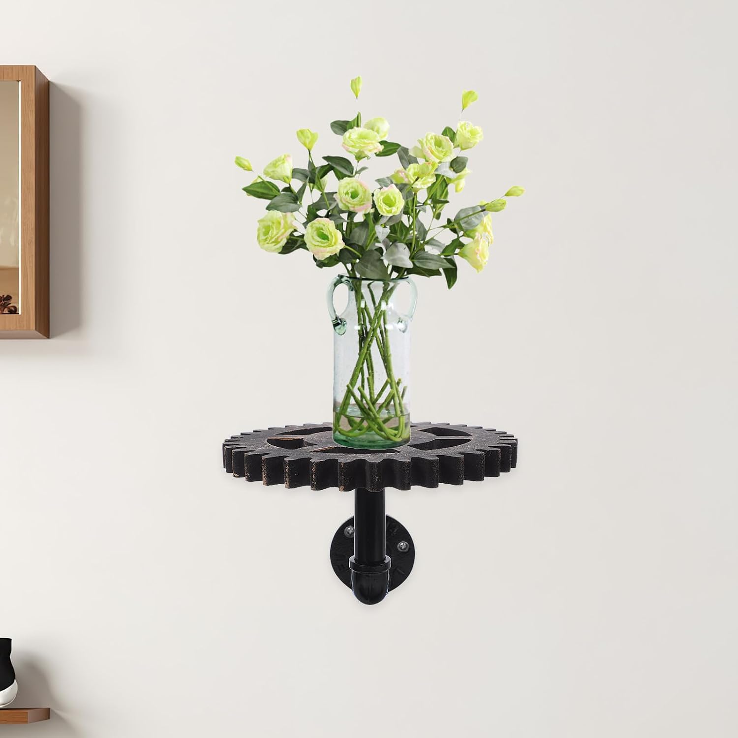 ARTIBETTER Rustic Wall Mounted Floating Shelf with Iron Pipe Bracket, Industrial Black Metal Hanging Shelf Rack with Gear Design for Living Room Kitchen Bedroom Home Décor
