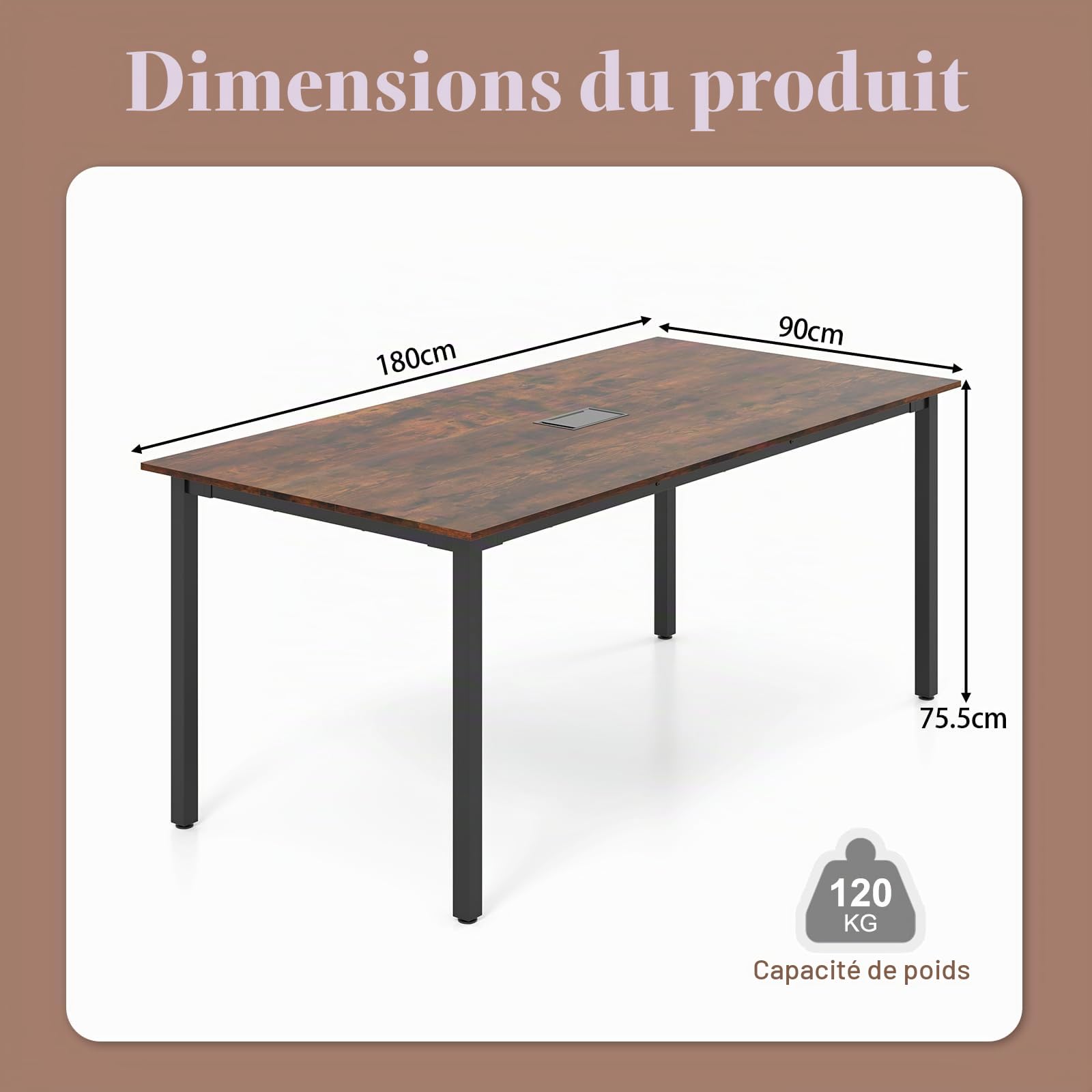 GIANTEX Table de Conférence Carrée 180 x 90 cm, pour 8 à 10 Personnes, Table de Séminaire, Trou pour Câble, Pieds en Métal, Style Industriel, pour pour Salle de Réunion, Breau, Marron Rustique