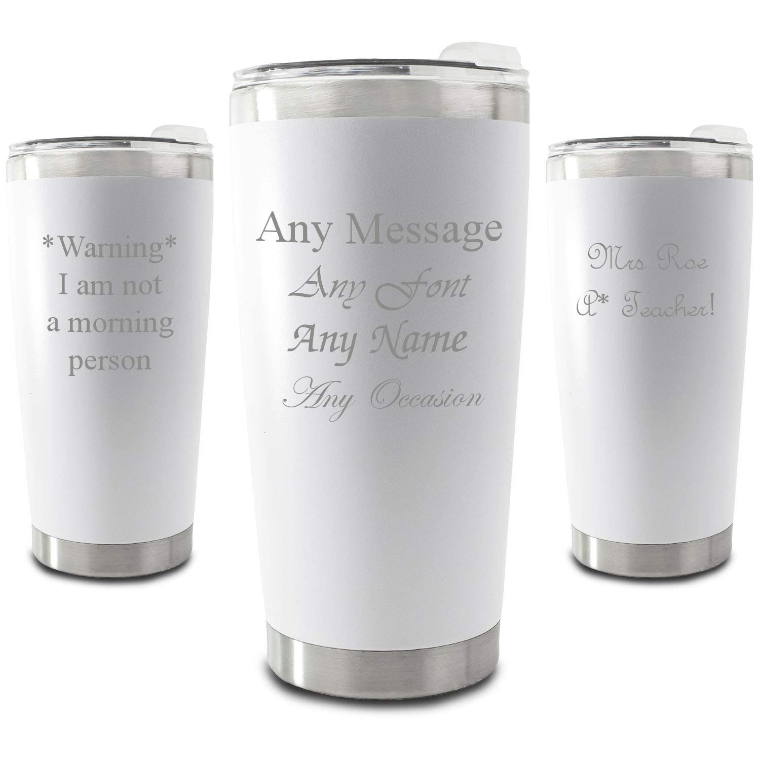 Personalisierter, gravierter, weißer 500-ml-Reisebecher, personalisierbar mit jeder Nachricht, Auswahl aus verschiedenen Schriftarten, inklusive Geschenkbox, Lasergravur