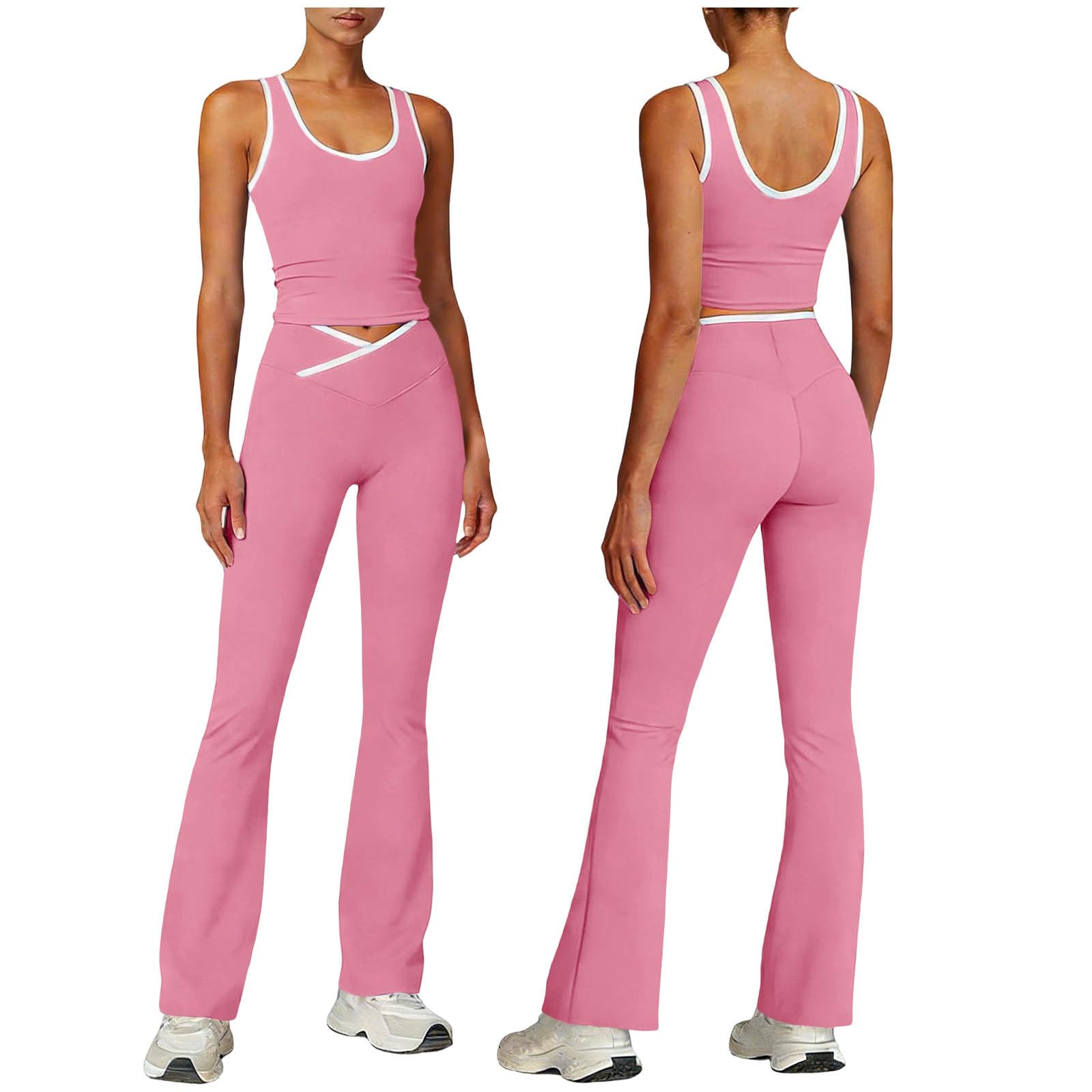 Athletic Outfits for Women 2 Piece Backless Tank Tops Cropped and Flared Legging Matching Sweat Set Yoga Workout