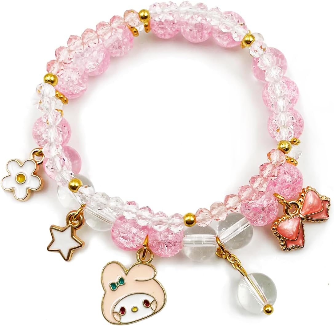 Kawaii Bracelets My Melody Bracelet Pink Cinnamoroll Crystal Beads Bracelet Set Cute Cartoon Elastic Beaded Pearl Pink Bracelets Jewelry Christmas Stocking Stuffers for Women Friendship Accessories(Pink2)