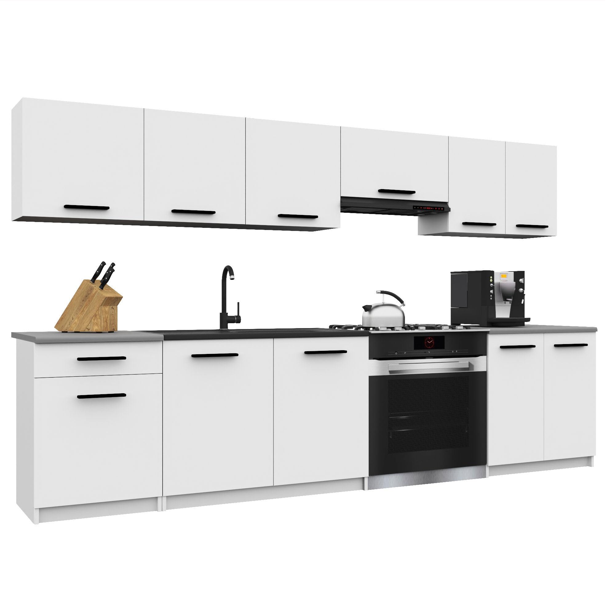 Belini Italia 2 Linear Kitchen Cabinet 240 cm Matt White | Complete kitchen, top and bottom furniture included, easy assembly