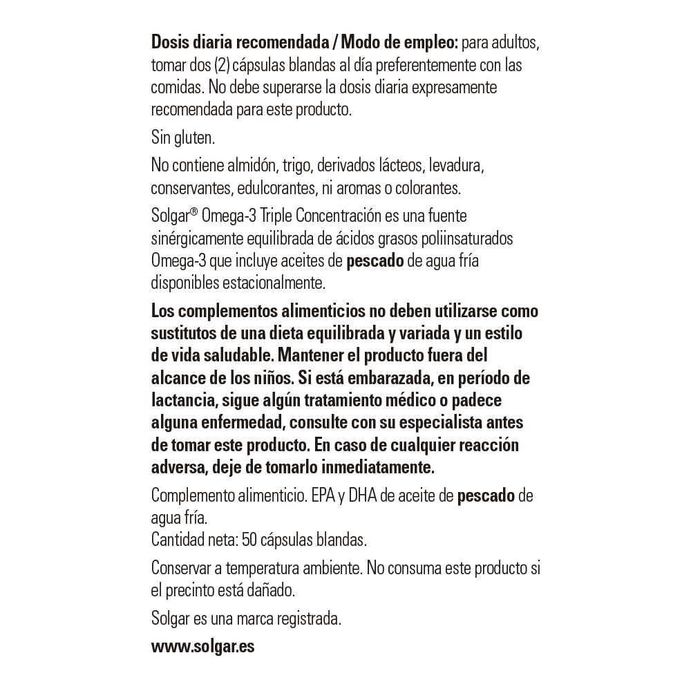 Solgar Omega 3 triple concentración, Apoyo al Cuidado del Corazón, Aceite de Pescado Concentrado de Aguas Frías que Aporta EPA y DHA, 50 Cápsulas